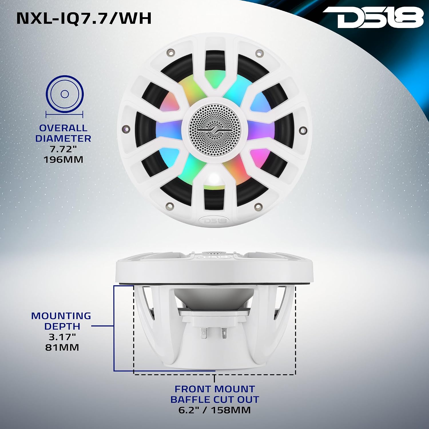 DS18 NXL-IQ7.7/WH 7.7' Marine Coaxial Speakers with Digital LED Lights and Deck Light, Bullet Tweeter, 175W RMS, IP65 Waterproof, High Sensitivity 96dB, Marine Audio for Boats & Powersports - Pair