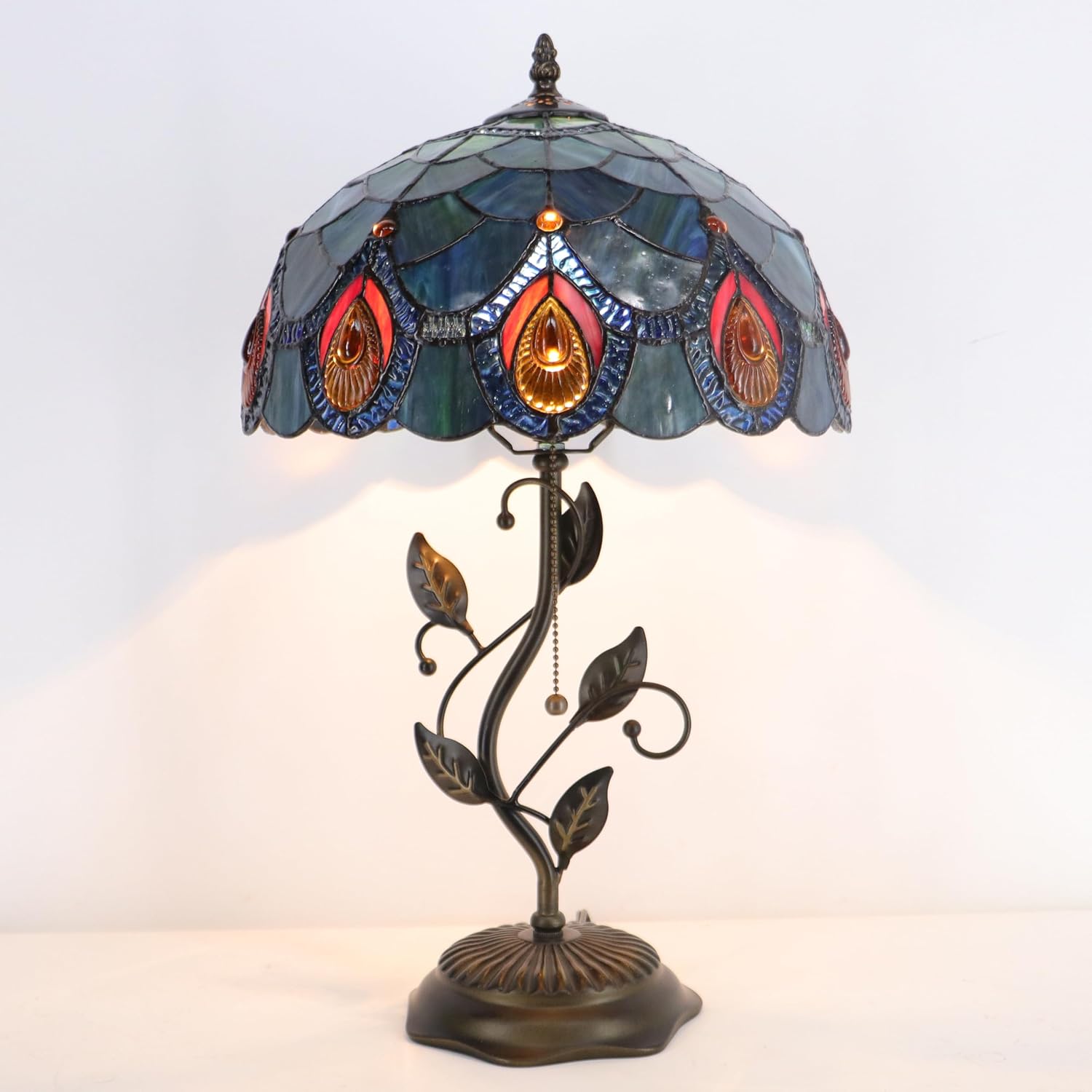 Tiffany Table Lamp, Stained Glass Style Desk Lamp, 12X12X19 Inch,Bedside Reading Light, Metal Leaf Base（Brown Crystal Style