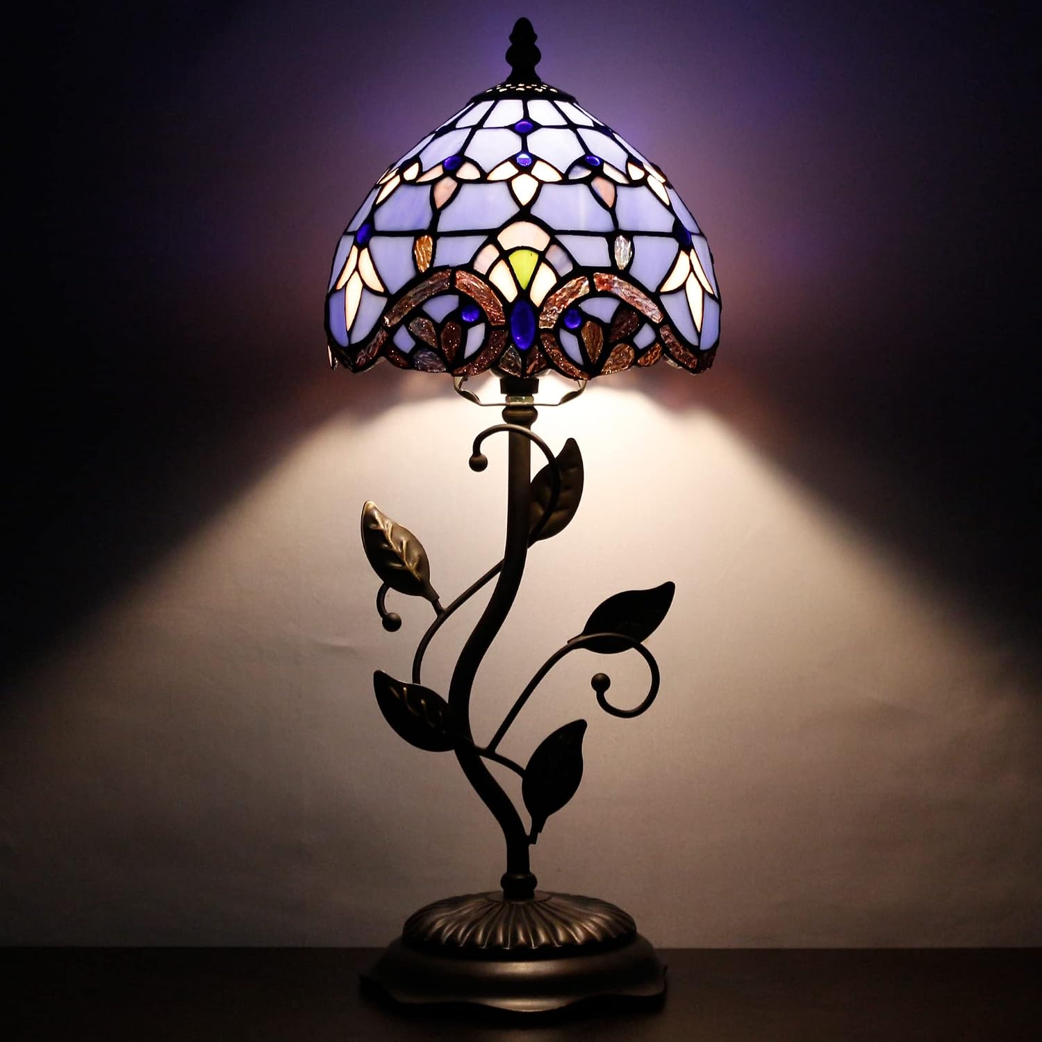 Small Tiffany Lamp Stained Glass Table Lamp Metal Leaf Accent Desk Memory Lamp Sympathy 8X20 Inch (Blue Baroque Style)