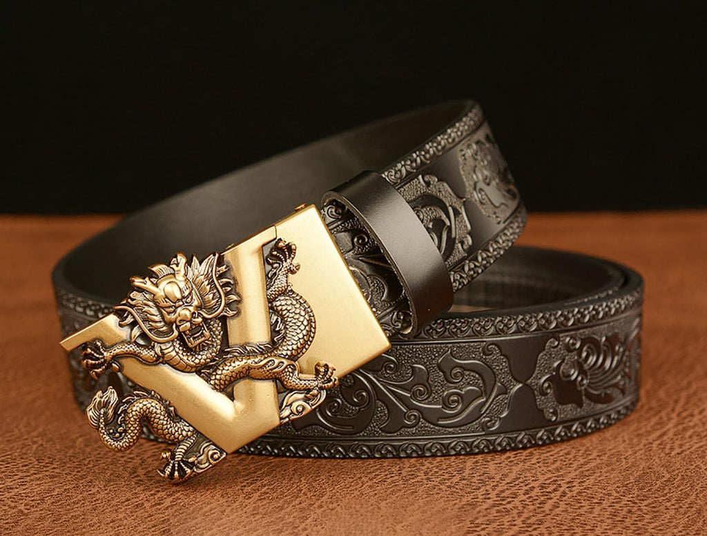 Mens Ratchet Leather Belt, Genuine Leather belts, Engraved Vintage Dragon Eagle Tiger Buckle, Business leisure belt