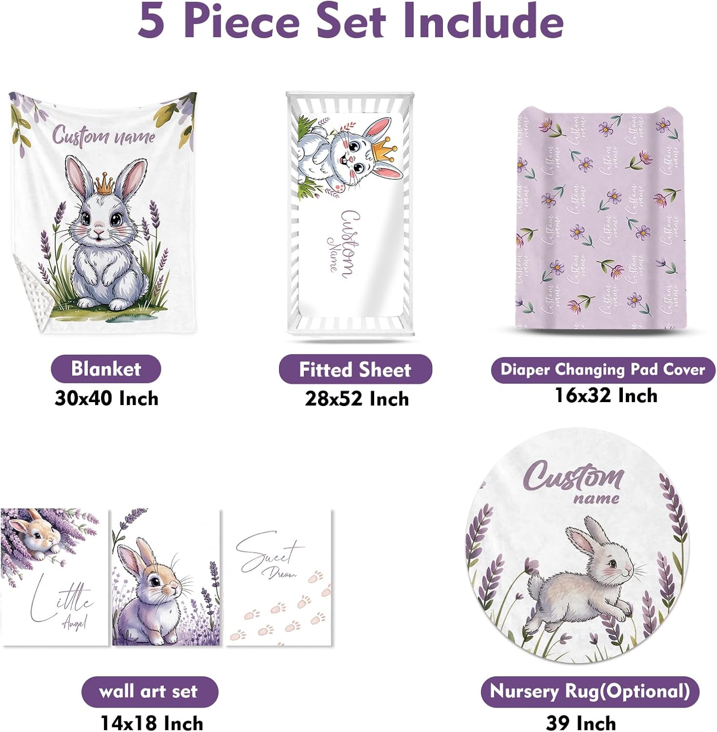 Personalized Crib Bedding Set for Baby Girls, Custom Name Baby Crib Sets 5-Pcs Include Toddler Double Layer Blanket Fitted Sheet Changing Pad Cover Rug Wall Art Set, Gray Rabbit Themes Nursery Décor