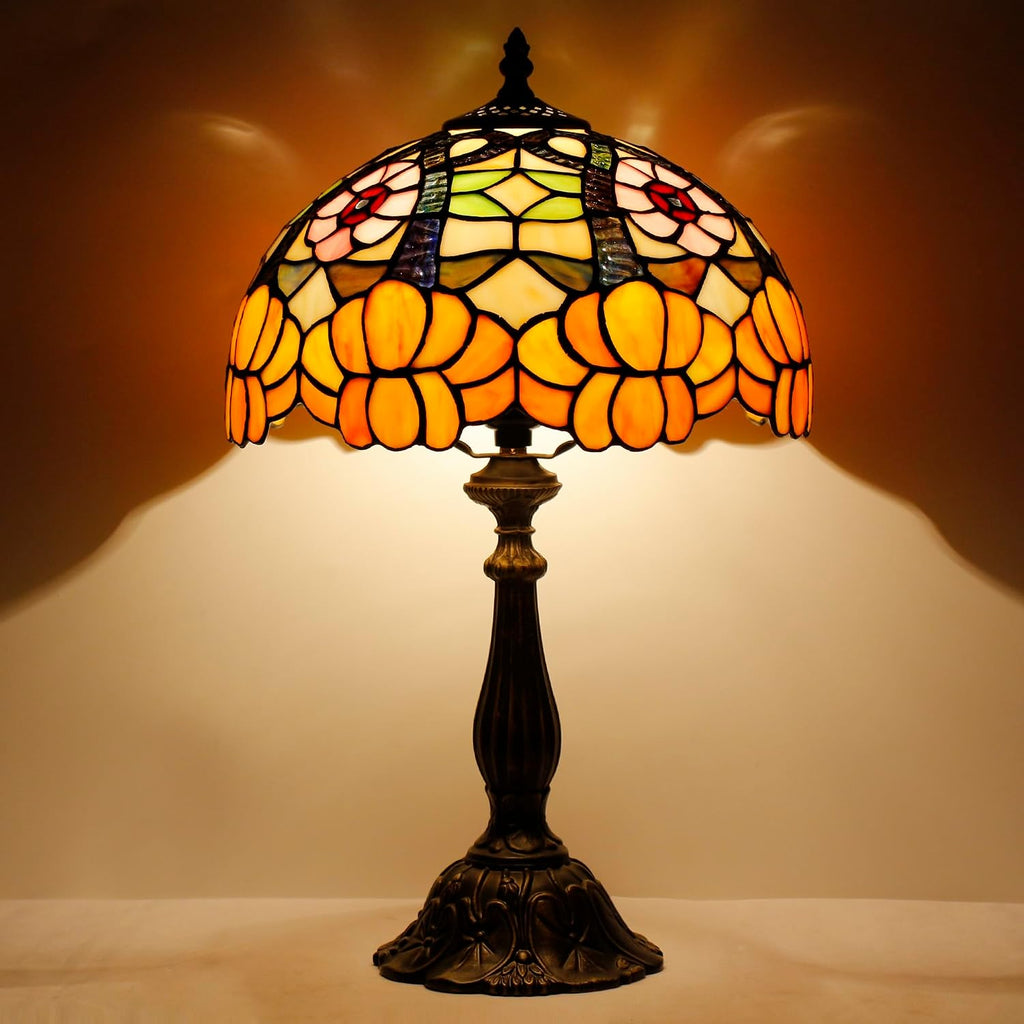 Tiffany Lamp Touch Control Table Lamp Orange Flower Style Stained Glass 12×12×19 Inches Desk Reading Light Bedroom Office