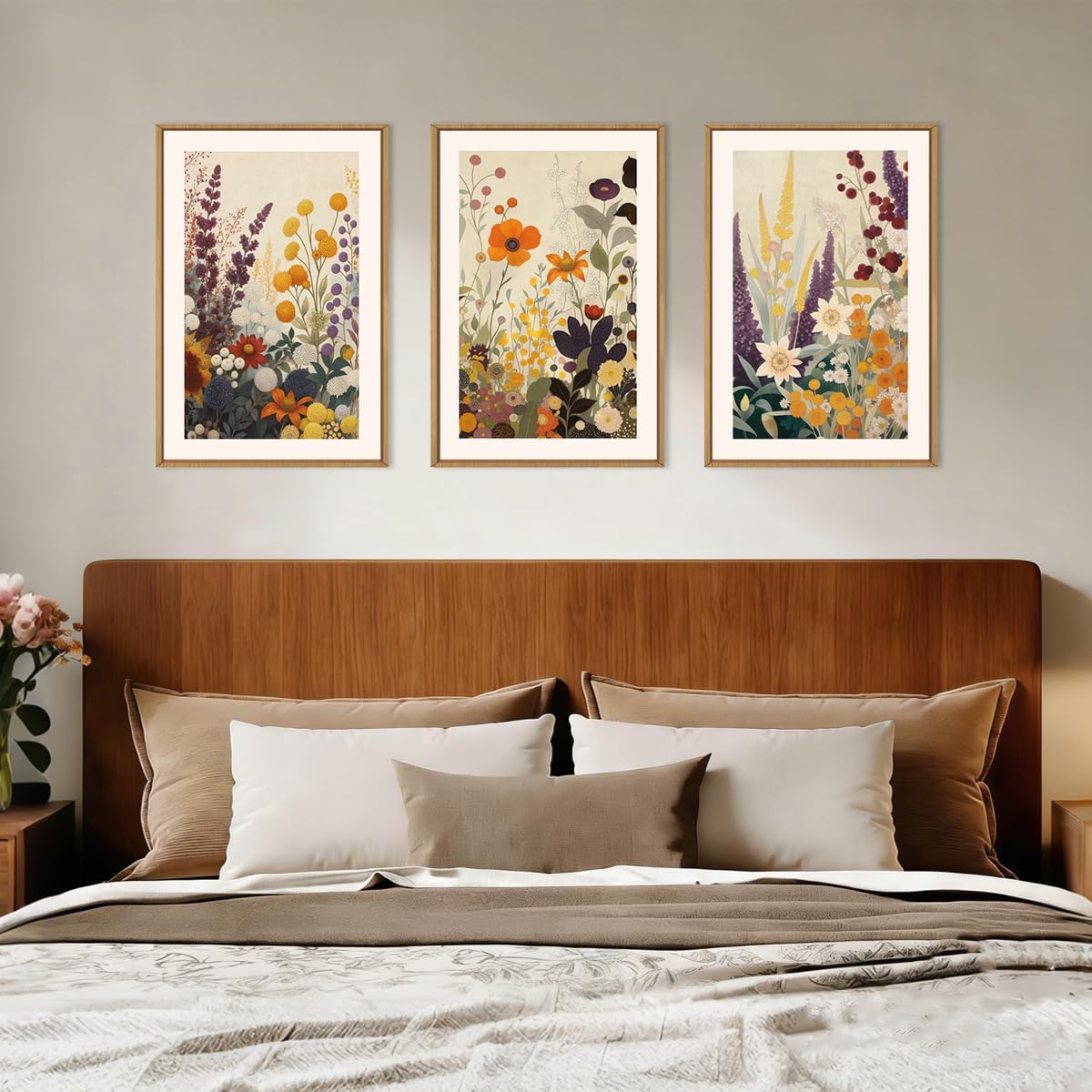 Aurlan Large Retro Boho Vibrant Floral Framed Canvas Wall Art Set,Earthy Abstract Tropical Wildflower Wall Decor,Modern Terracotta Botanical Artwork for Living Room,Bedroom,Farmhouse-24 x36 x3
