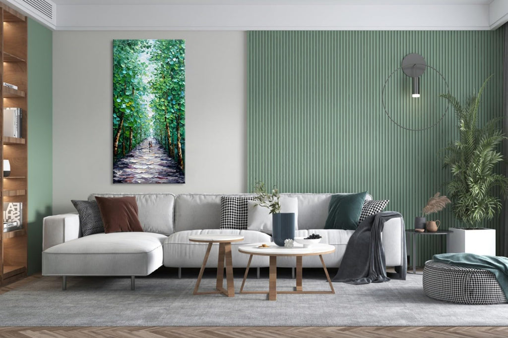 Alenoss Hand Painted Canvas Wall Art, Large Midsummer Forest Landscape Painting, Abstract Oil Painting on Canvas, 24x48 inches, Green, Vertical Wall Art for Living Room, Bedroom