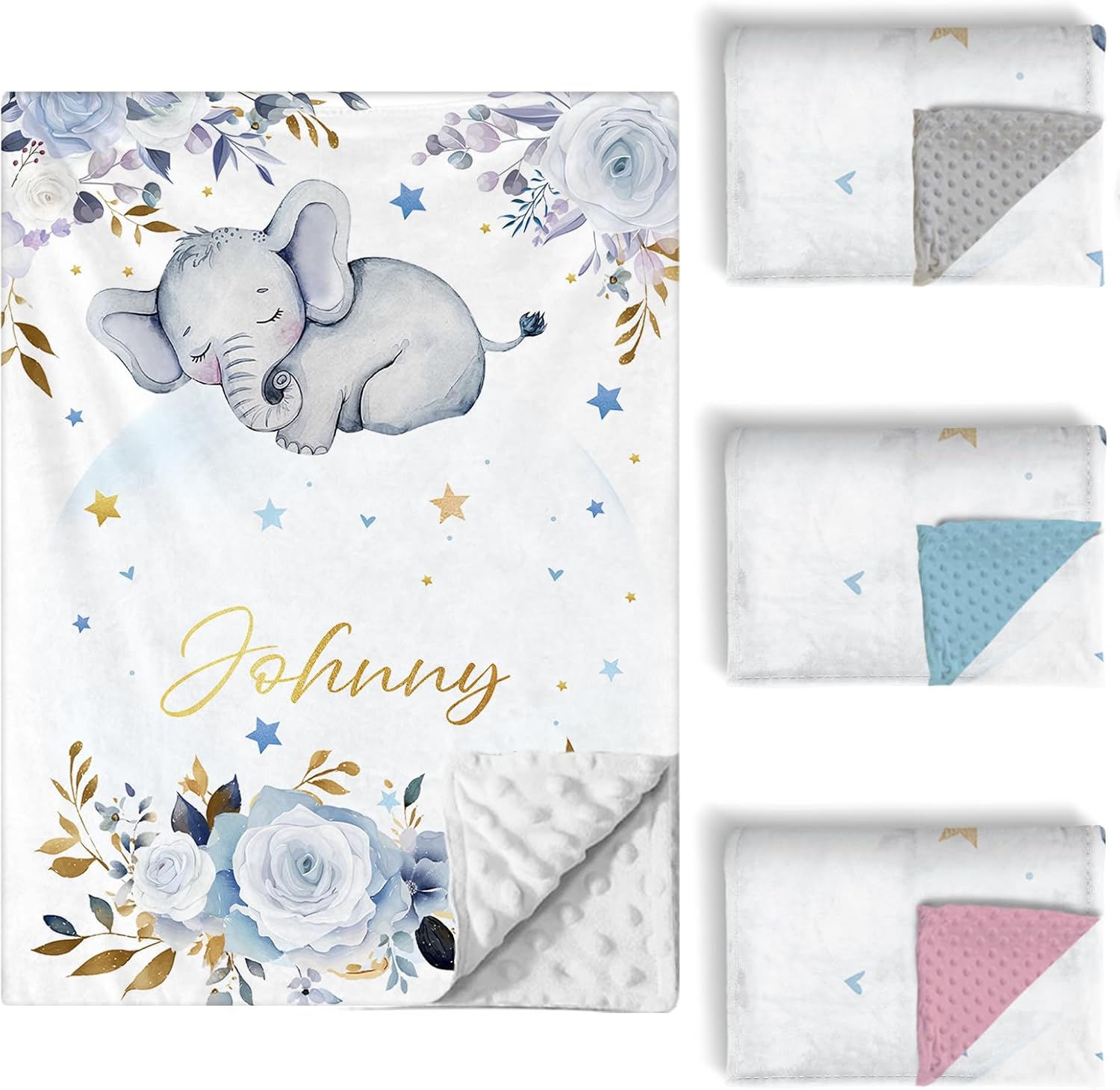Personalized Baby Crib Bedding Set, 5 Pcs Custom Name Nursery Bedding Set for Girls Boys, Blue Elephant Baby Crib Set for Toddlers Infants, Double Layer Bedding Crib Sets Customized Gifts