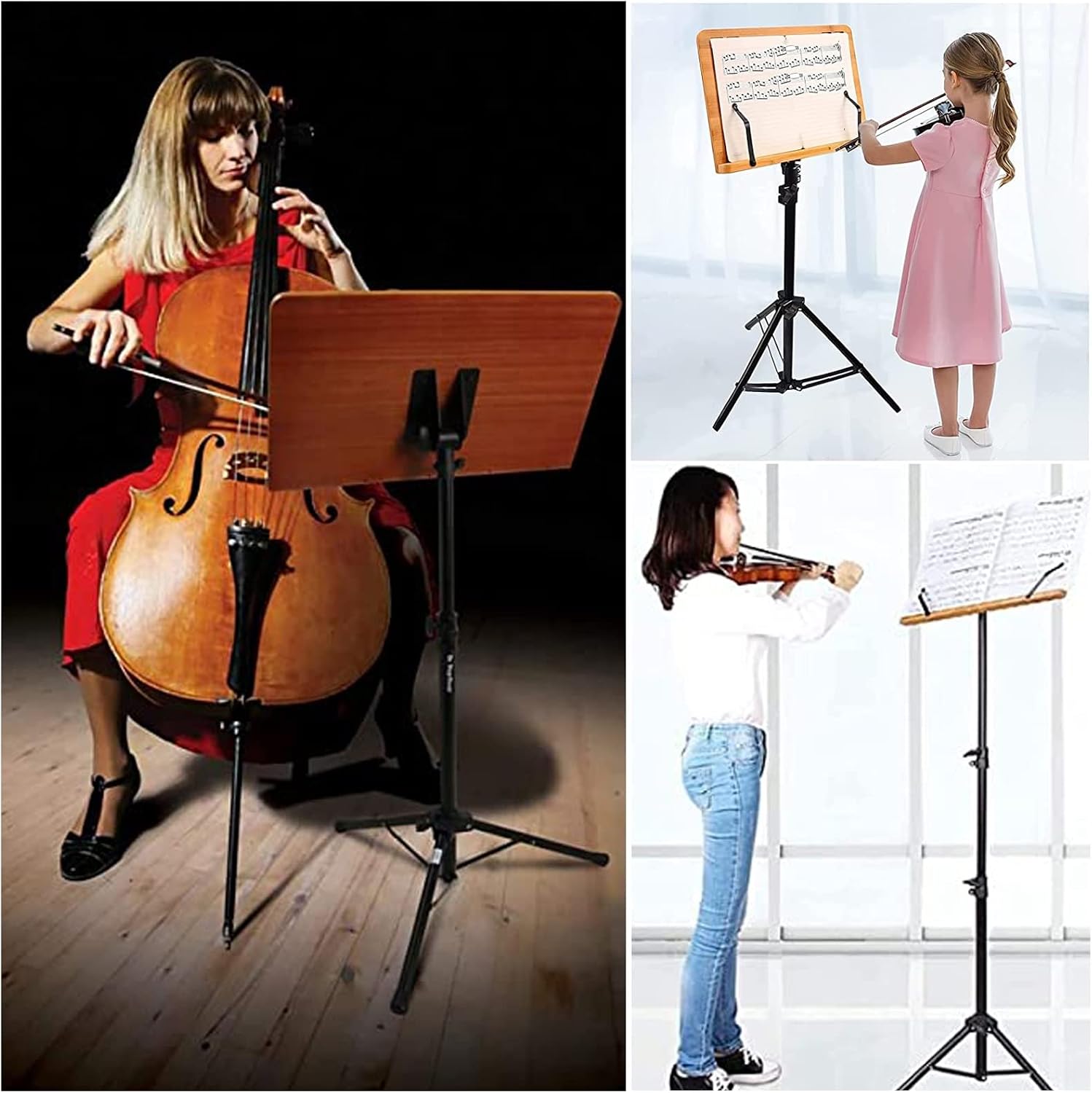 Portable Lightweight Music Stand, Two-in-one Dual-use Bamboo Book Stand, Sheet Music Stand with Violin Hanger, The Surface is Painted to Prolong The Service Life, Solid