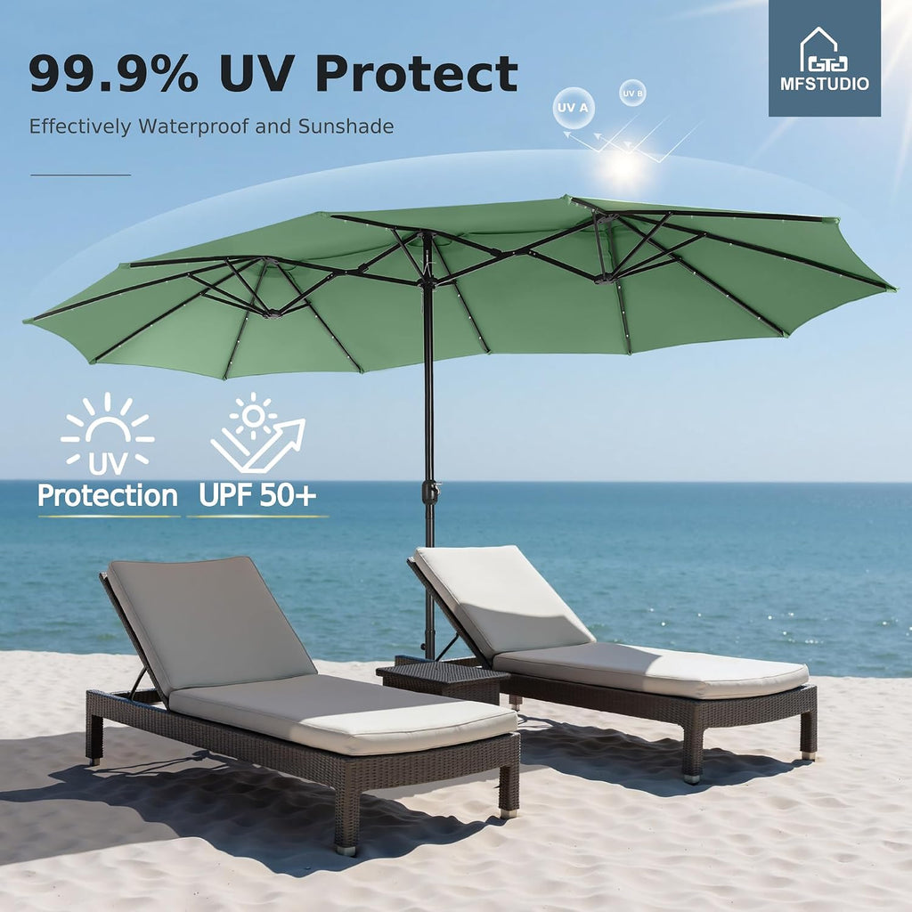 MFSTUDIO 15ft Double Sided Patio Umbrella with Solar Lights, Outdoor Large Umbrellas with Crank Handle and 36 LED Lights, Rectangular Market Umbrella with Base Included for Deck Pool Shade, Mint Green