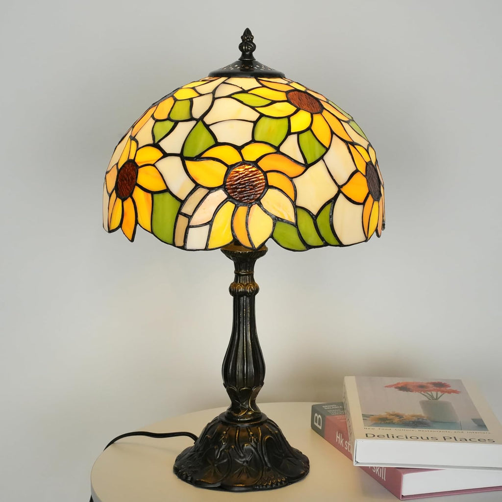 Sunflower Tiffany Style Table Lamp, Elegant Bedside Table Lamp with Stained Glass Shade, Reading Desk Light for Living Room Bedroom Yellow Finish