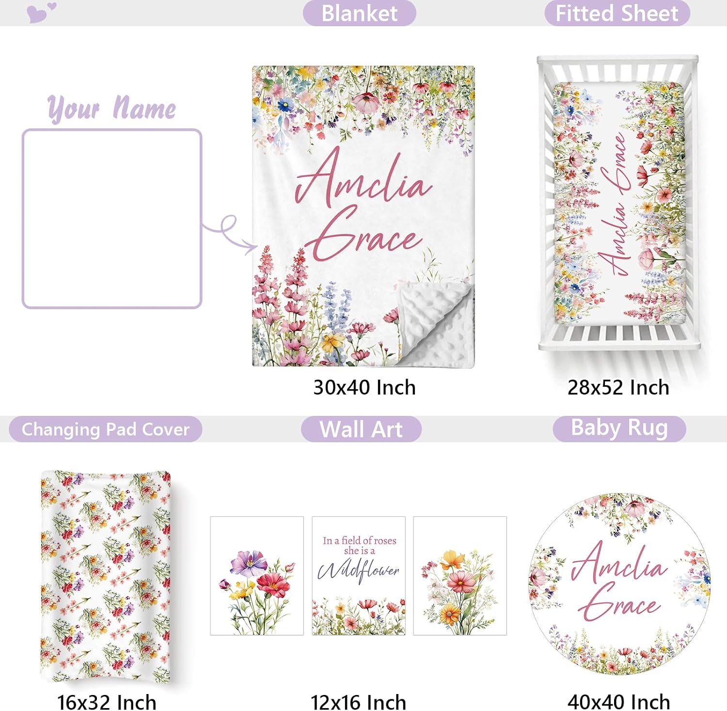 Custom Baby Crib Bedding Set, 5 PCS Personalized Name Baby Crib Sets for Girls Boys, Flower Theme Nursery Bedding Sets for Infant Toddler, Double Layer Flannel Bed Set Customized Gifts