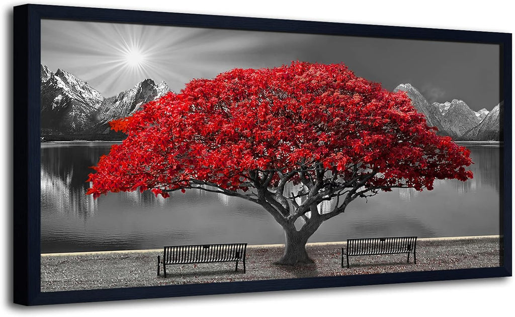 Black and White Red Tree Wall Art Canvas Print Picture Large Red Tree Landscape Modern Artwork for Living Room Bedroom Office Home Wall Decor With Frame 29X58inch Black Framed
