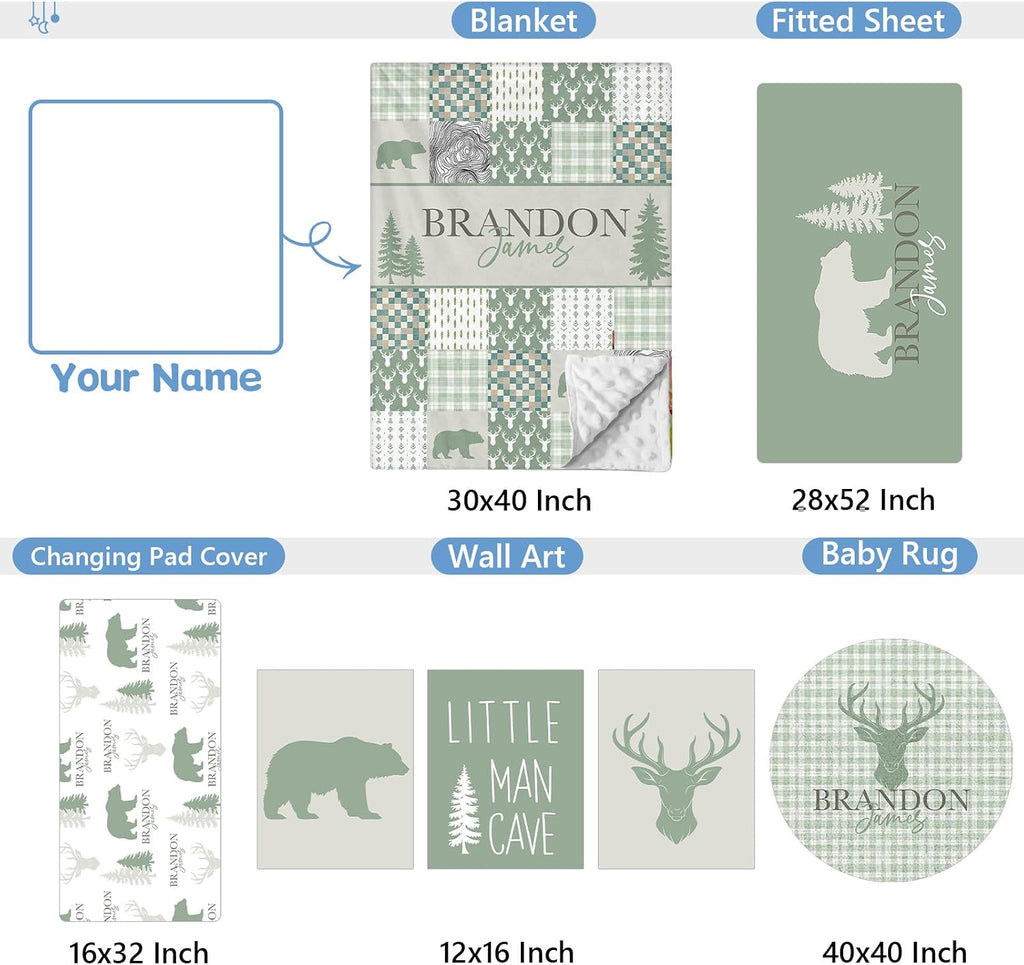 KAINSY Custom Crib Bedding Set 5 Pcs for Girls Boys – Personalized Green Woodland Bear Theme, Newborn Sleep Set, Toddler Nursery Decor, Infant Sleep, Baby Room Accessories