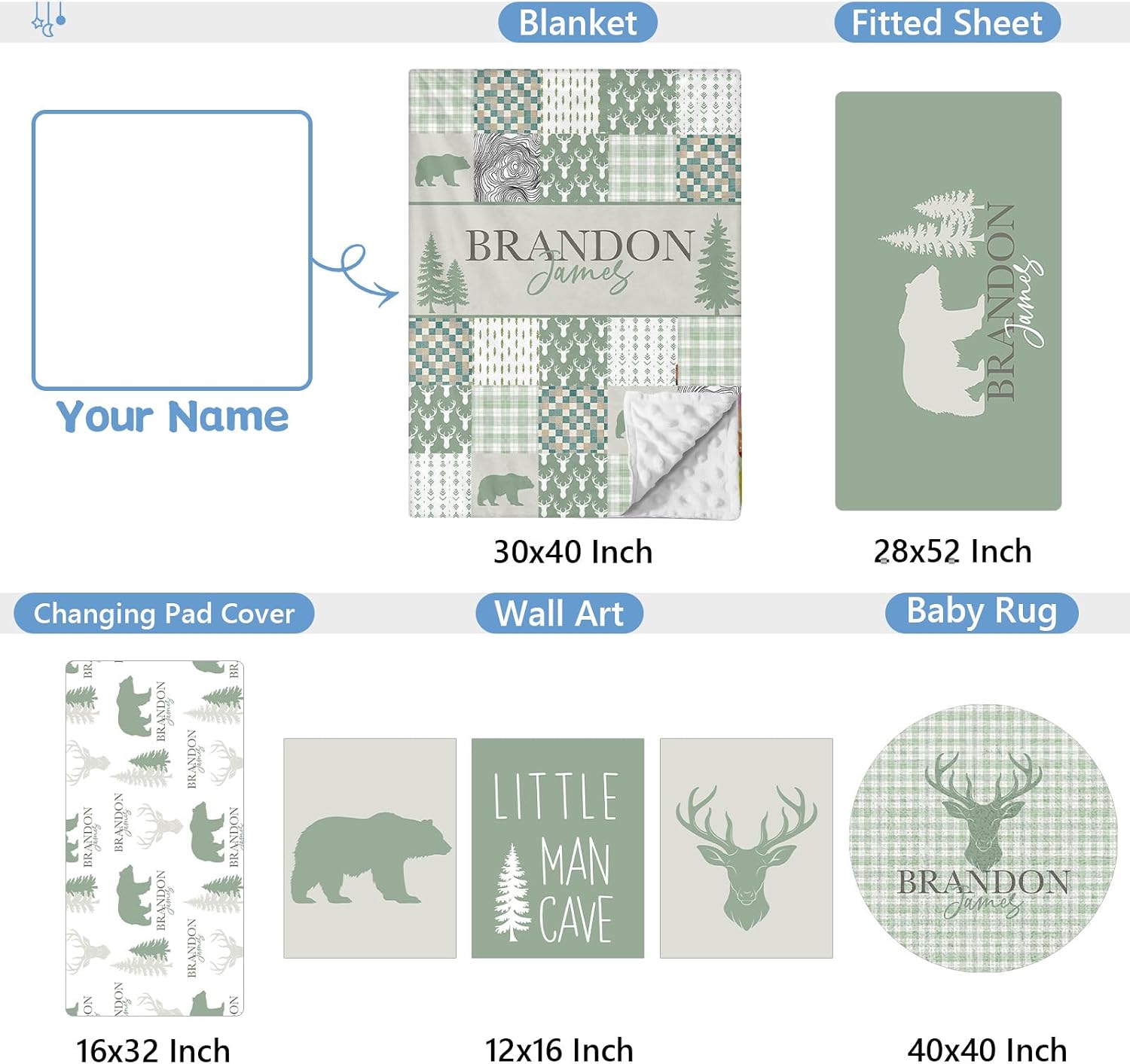KAINSY Custom Crib Bedding Set 5 Pcs for Girls Boys – Personalized Green Woodland Bear Theme, Newborn Sleep Set, Toddler Nursery Decor, Infant Sleep, Baby Room Accessories
