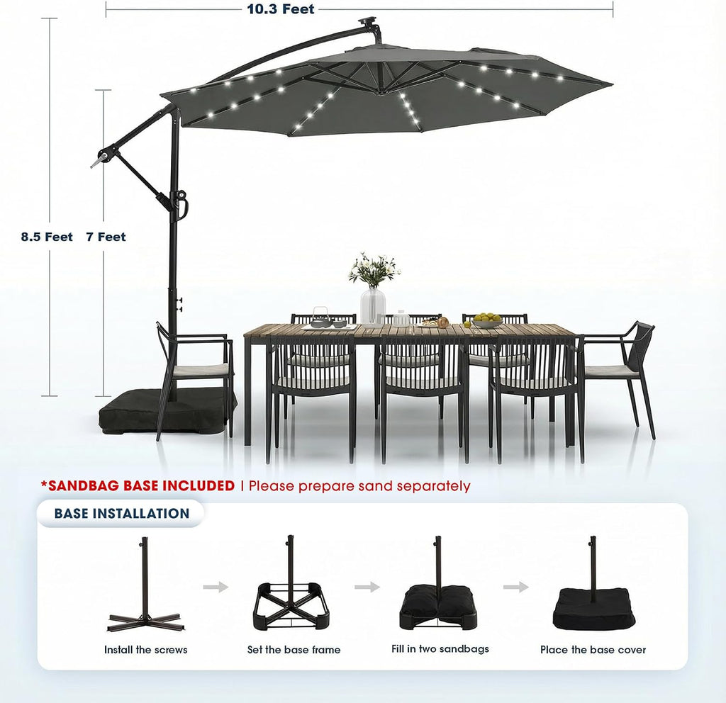 wikiwiki 10ft Solar LED Patio Umbrella with Base Included, Offset Umbrella with Weighted Sandbag Base, Cantilever Patio Umbrella for Backyard, Garden & Deck, 32 LED Lights & Polyester Shade, Dark Gray
