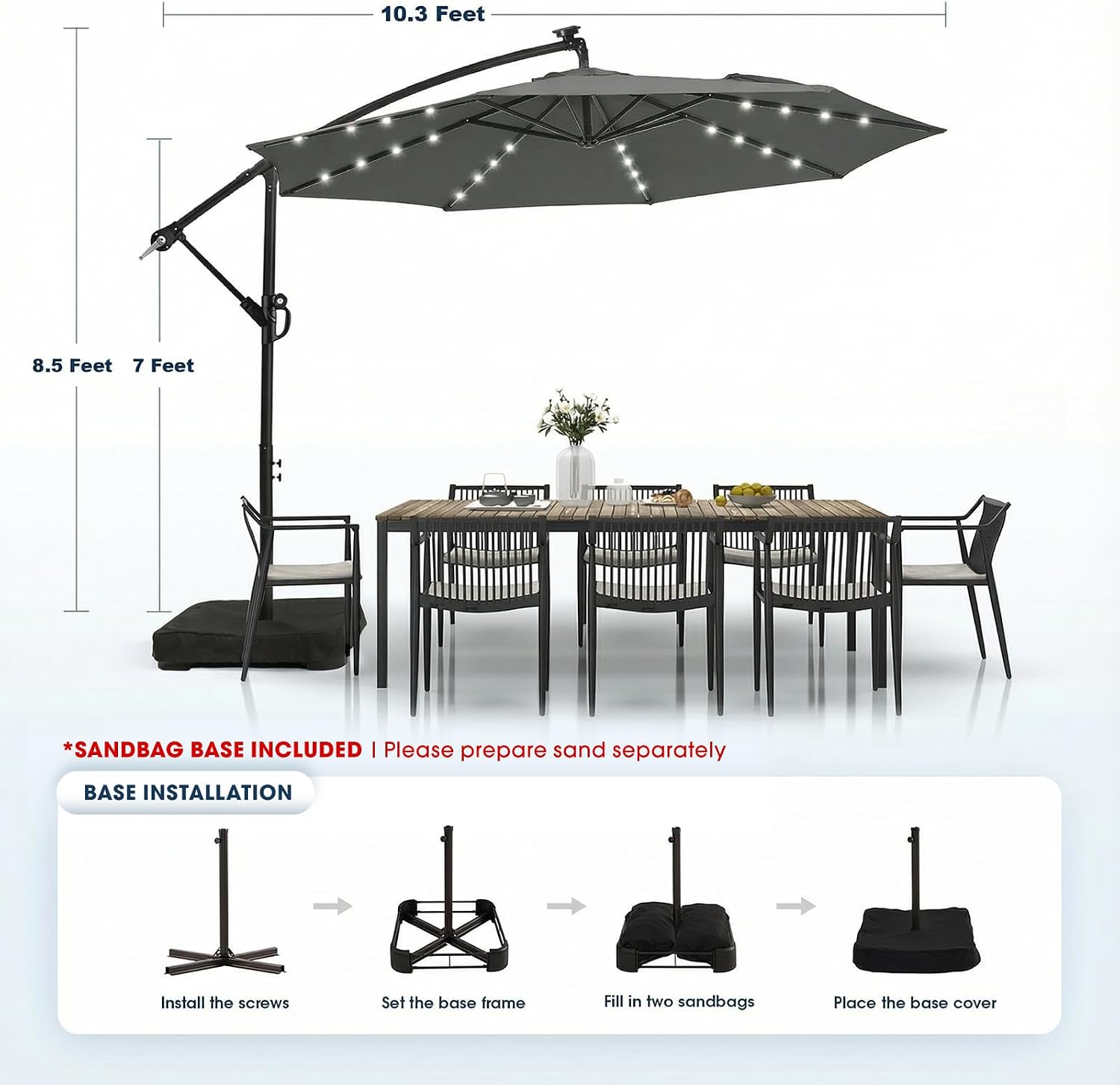 wikiwiki 10ft Solar LED Patio Umbrella with Base Included, Offset Umbrella with Weighted Sandbag Base, Cantilever Patio Umbrella for Backyard, Garden & Deck, 32 LED Lights & Polyester Shade, Dark Gray