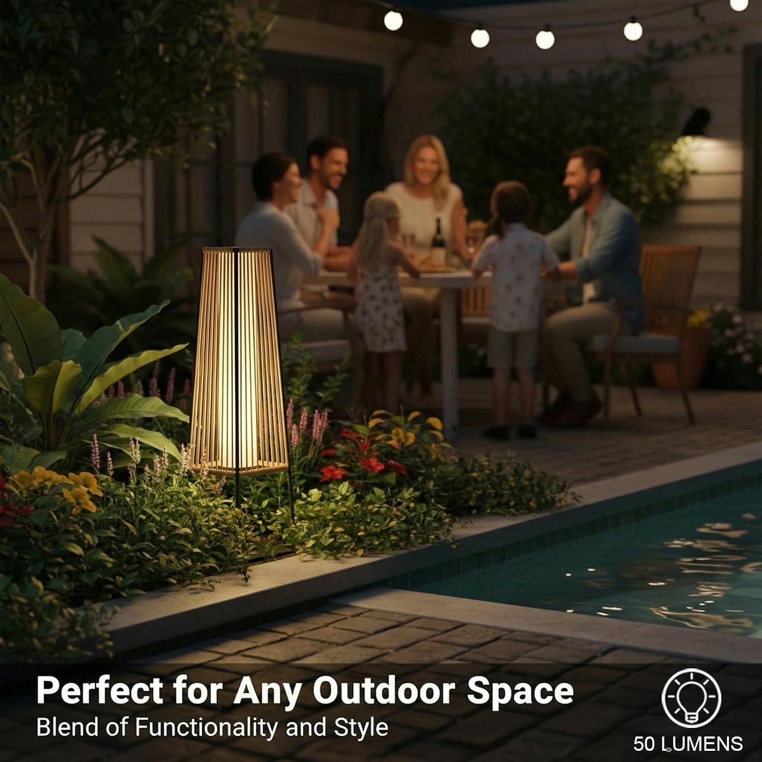 Outdoor Floor Lamp Set of 2, Rattan Solar Lanterns Outdoor Waterproof for Balcony, Deck, Garden & Patio (Natural)
