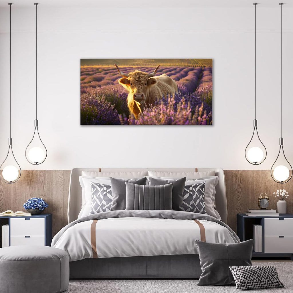 Large Highland Cow Wall Art Lavender Cow Pictures Wall Decor Country Landscape Cattle Canvas Painting Print Home Modern Artwork Decorations Framed for Bathroom Living Room Bedroom Office 60 x 30 inch