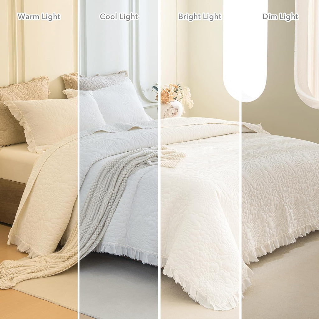 QSH 3PCs Stonewashed Cotton Quilt King (110'x98'),Milk White Ruffled Quilt King Size Bedding Set,Ultra Lightweight Soft Crinkle Bedspread Coverlet King Shabby Farmhouse Chic Bedspreads for All Seasons