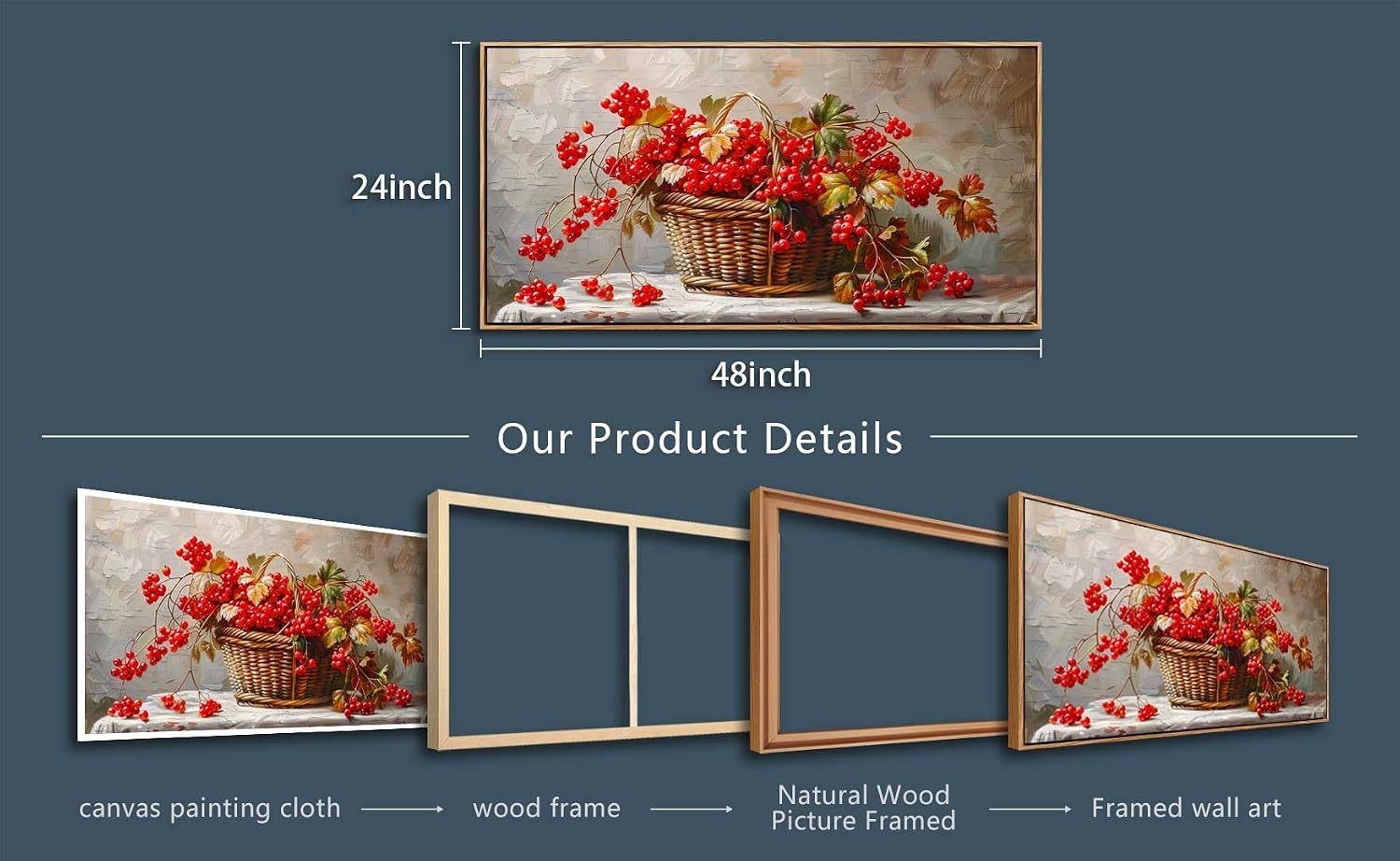 PHAOHUAXM Canvas Wall Art For Living Room Restaurant Wall Decoration For Office Bedroom Bathroom Abstract Red Fruit Mural Wooden Frame Printing Picture Artworks Modern Home Decor Aesthetics 24'X48'