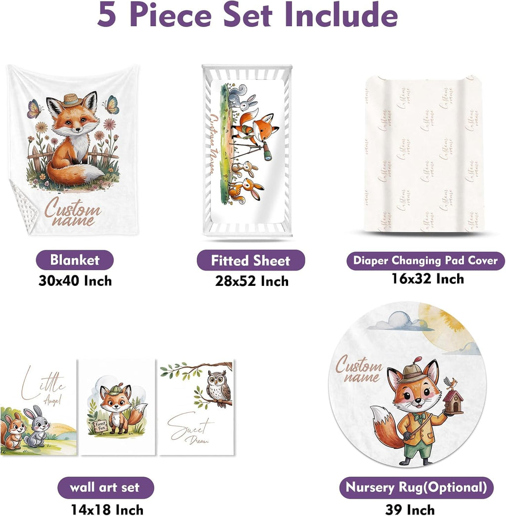 Personalized Crib Bedding Set for Baby Girls, Custom Name Baby Crib Sets 5-Pcs - Toddler Double Layer Blanket Fitted Sheet Changing Pad Cover Rug Wall Art Set, Fox Theme Nursery Décor