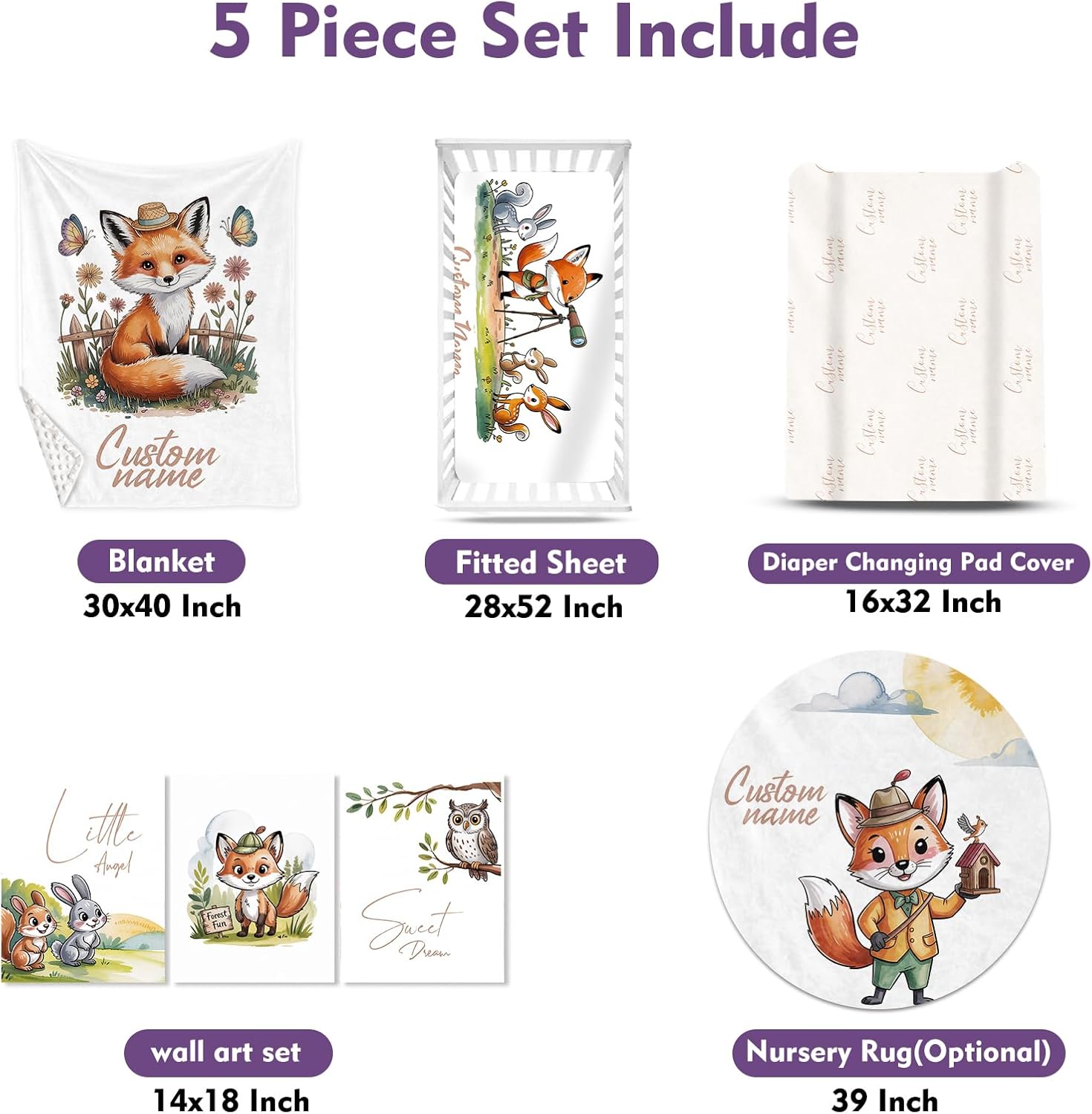 Personalized Crib Bedding Set for Baby Girls, Custom Name Baby Crib Sets 5-Pcs - Toddler Double Layer Blanket Fitted Sheet Changing Pad Cover Rug Wall Art Set, Fox Theme Nursery Décor