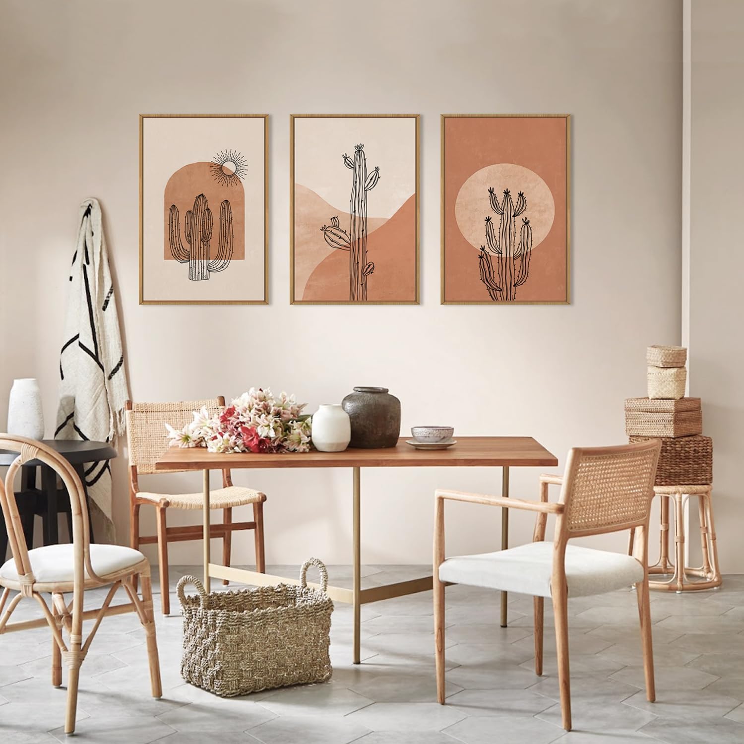 Ausril Boho Minimalist Cactus Framed Canvas Wall Art Set, Mid Century Saguaro Wall Decor, Abstract Geometric Desert Wall Painting, Beige Brown Plant Art Prints for Living Room, Bedroom, Office - 24'X36'X3