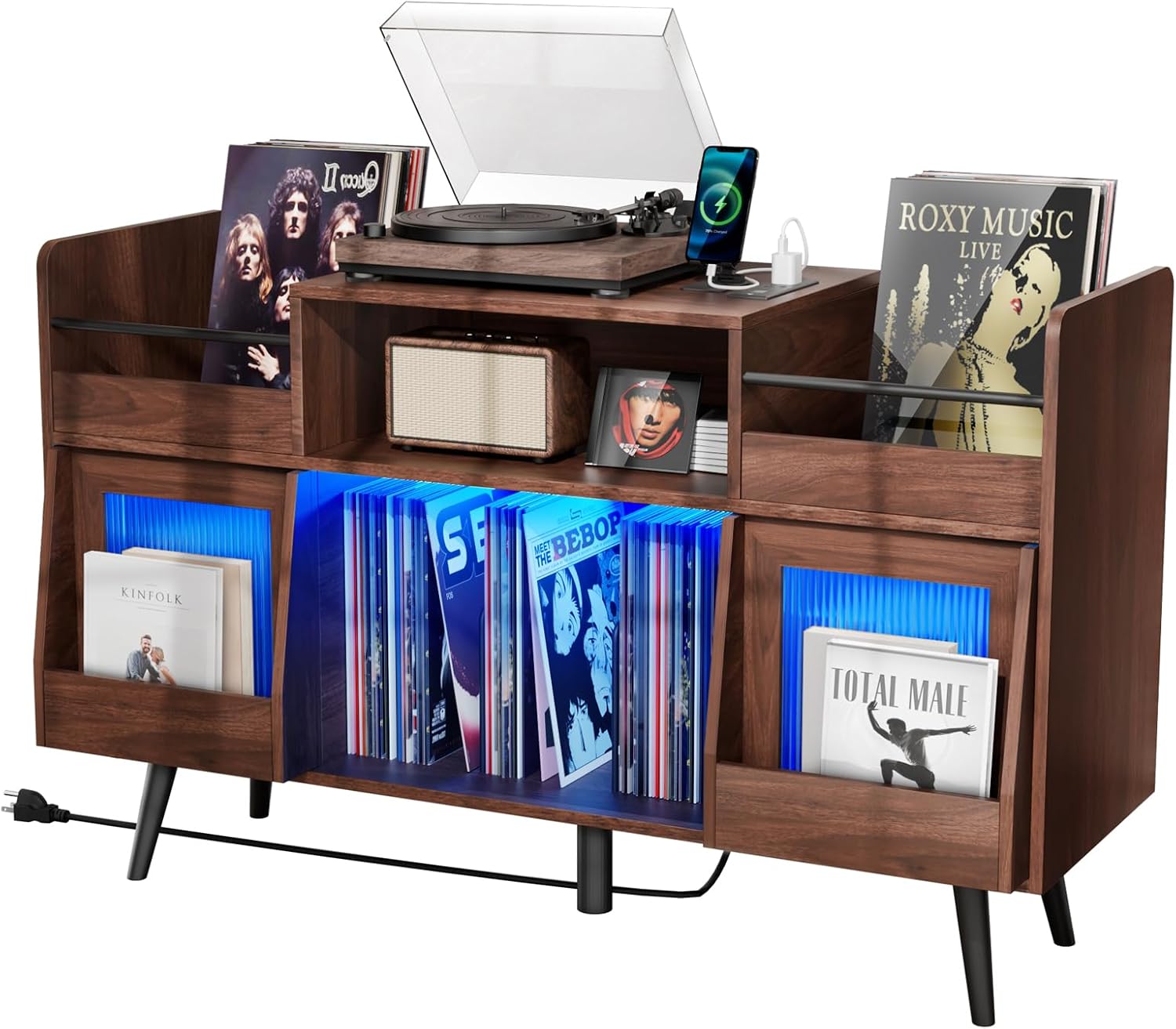 Loomie XL Record Player Stand,Turntable Stand Shelf with with Power Outlet and LED Light,Vinyl Record Storage Cabinet Up to 500 Albums, Wood Record Player Holder Table for Living Room