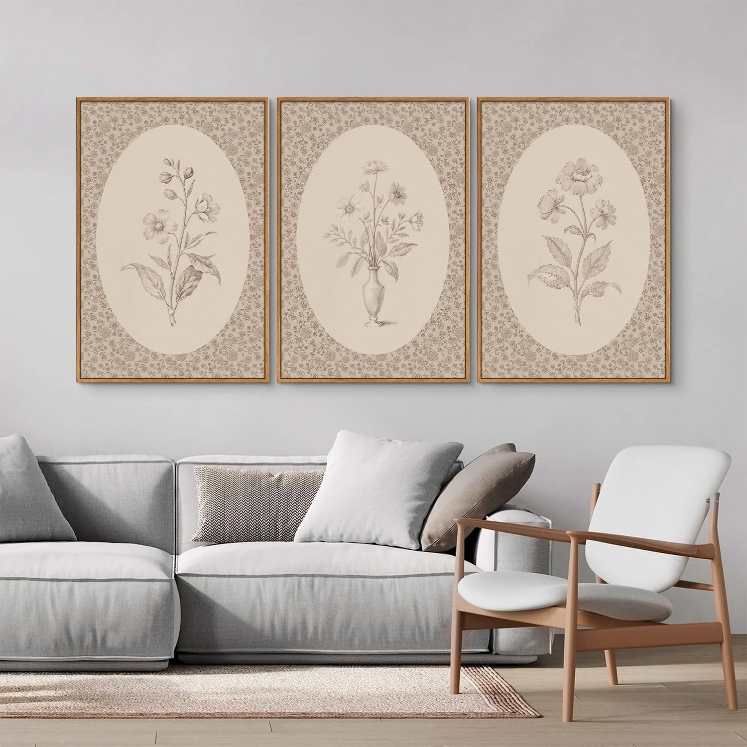Rantodecor Vintage Flower Framed Canvas Wall Art Triptych, Rustic Floral Wall Decor, Retro Sketch Botanical Art Paintings, Antique French Cottage Artwork for Girls Bedroom Living Room Bathroom 24'x36'