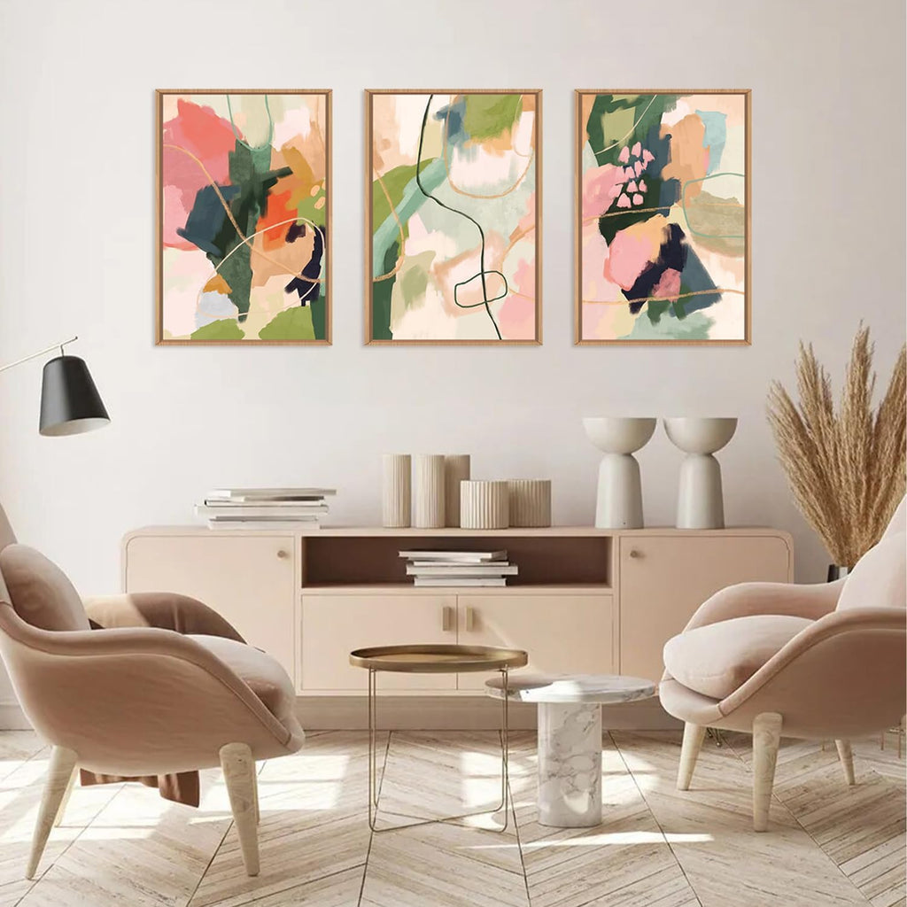 Colorful Abstract Framed Canvas Wall Art Set,Modern Multicolor Pastel Minimalist Line Wall Decor,Boho Green and Pink Painting for Living Room,Bedroom-24 x36 x3