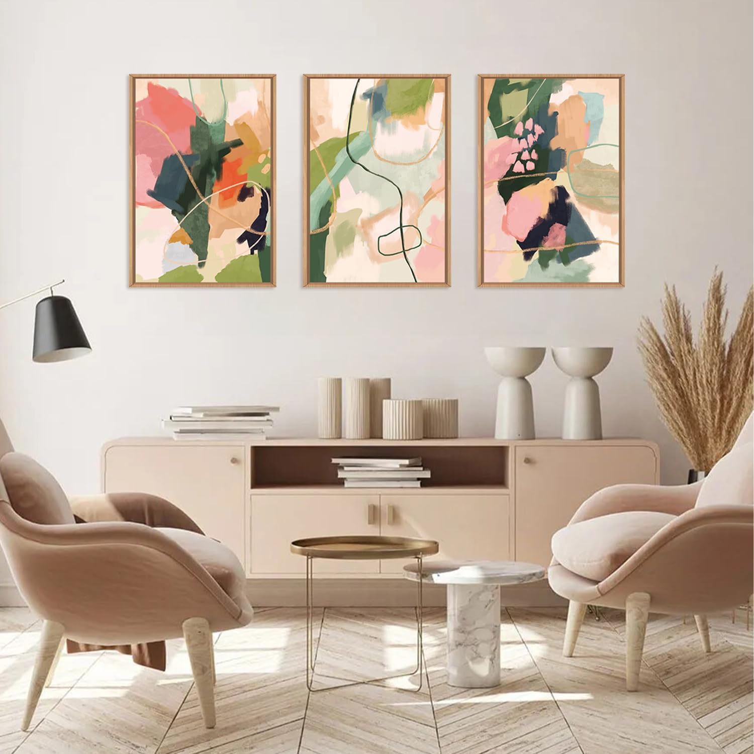 Colorful Abstract Framed Canvas Wall Art Set,Modern Multicolor Pastel Minimalist Line Wall Decor,Boho Green and Pink Painting for Living Room,Bedroom-24 x36 x3