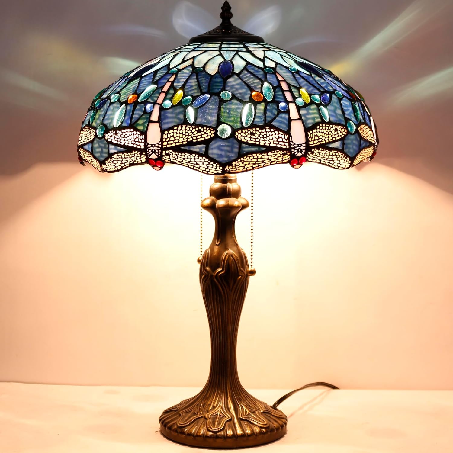 WERFACTORY Tiffany Lamp Blue Stained Glass Dragonfly Style Bedside Table Lamp 16X16X24 Inch Desk Reading Light Metal Base Decor Bedroom Living Room Home Office S631 Series