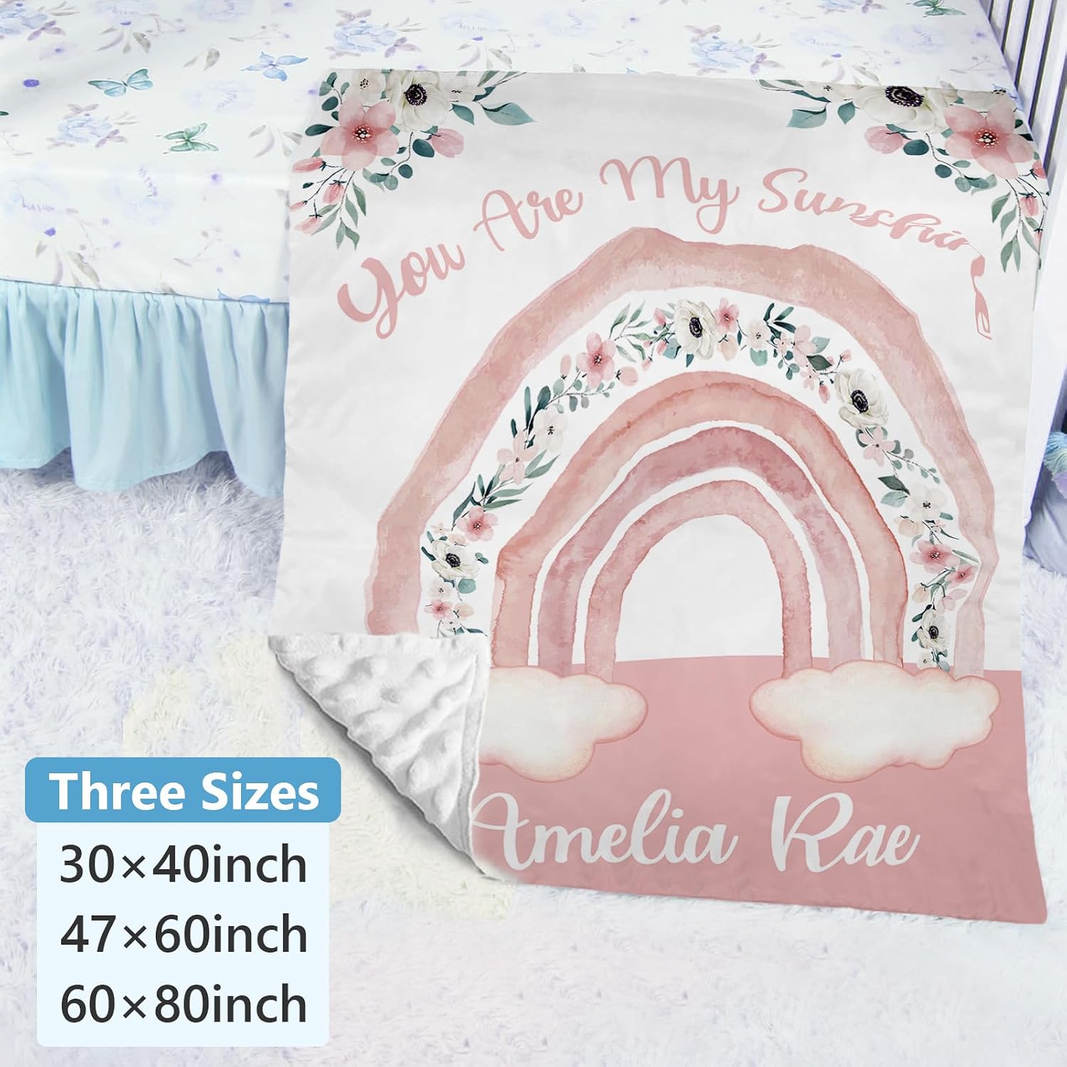 Dyoart Personalized Baby Crib Set - 5 Piece Custom Nursery Bedding Set with Name, Double Layer Pink Rainbow Bedding Set for Girls, Gift for Toddler Infant New Parents