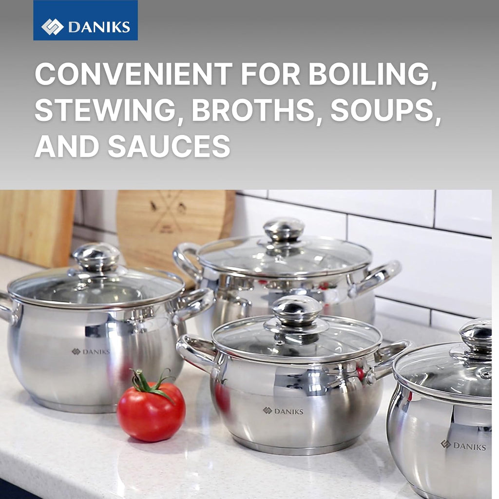 Daniks Classic 12-Piece Stainless Steel Cookware Set with Glass Lids, Includes Saucepan and Frying Pan with Lid, Tri-Ply Bases for Even Heating, Induction Compatible, Dishwasher Safe