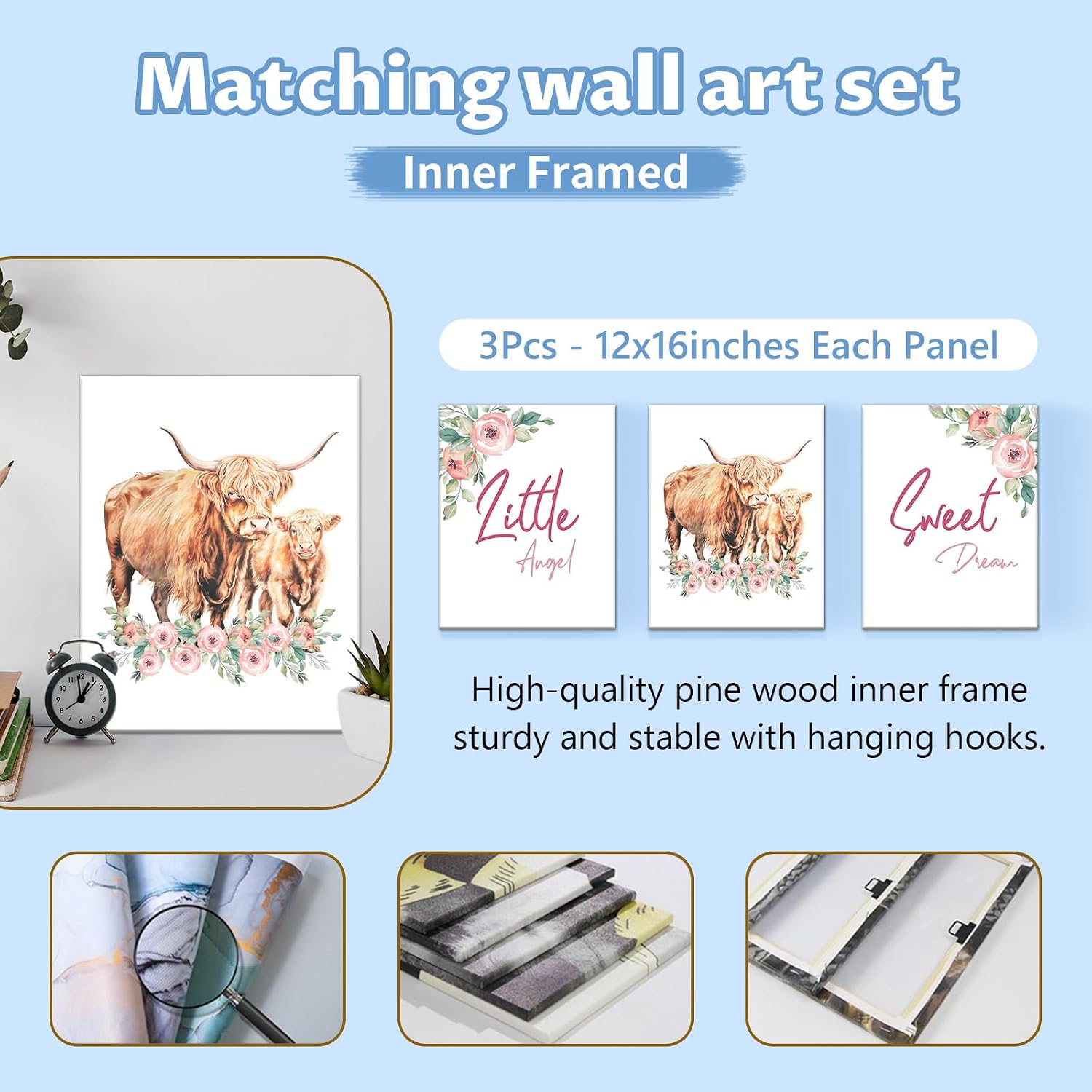 KAINSY Custom Crib Bedding Set 5 Piece for Girls Boys – Personalized Floral Highland Cow Theme, Newborn Sleep Set, Toddler Nursery Decor, Infant Sleep, Baby Room Accessories