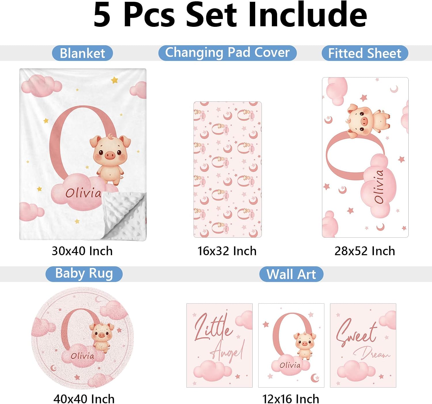 KAINSY Custom Crib Bedding Set, 5 Pcs Personalized Name Monogram Baby Crib Sets for Infants Toddlers, Pink Pig Nursery Bedding Set for Boys Girls, Double Layer Baby Bedding Sets Customized Gifts