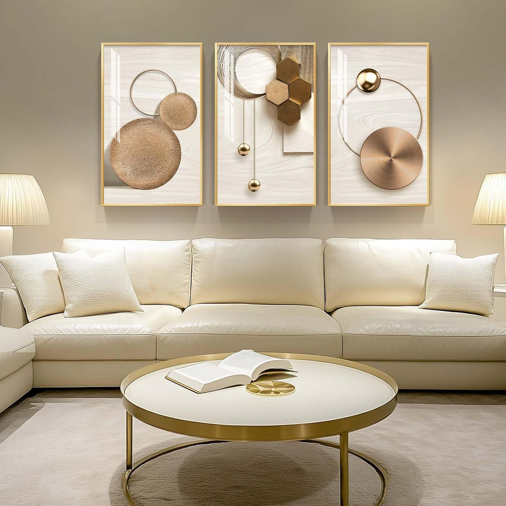 Large Modern Elegant Gold Framed Luxury Wall Art, 3 Piece Bright Glam Art Prints Paintings Artwork for Walls, Bronze Gold Geometric Pictures for Living Room Dining Room Bedroom Wall Decor 20x30 In