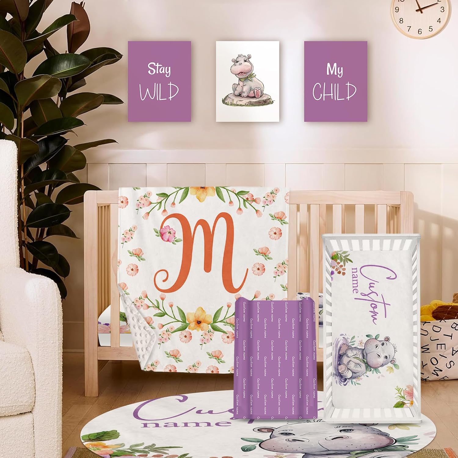 Personalized Crib Bedding Set for Baby Girls, Purple Hippo Pattern Custom Name Baby Crib Sets 5-Pcs, Double Layer Baby Blanket Fitted Sheet Changing Pad Cover Rug Wall Art Set