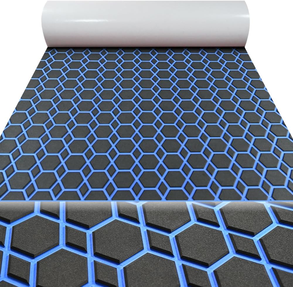 94.5'X37.7' Diamonds and Hexagons EVA Self-Adhesive Boat Flooring and Decorative Fish for Yacht Pool Boat Flooring Sheet Thick Non-Skid mat (Black and Blue, 102.3'X37.8')