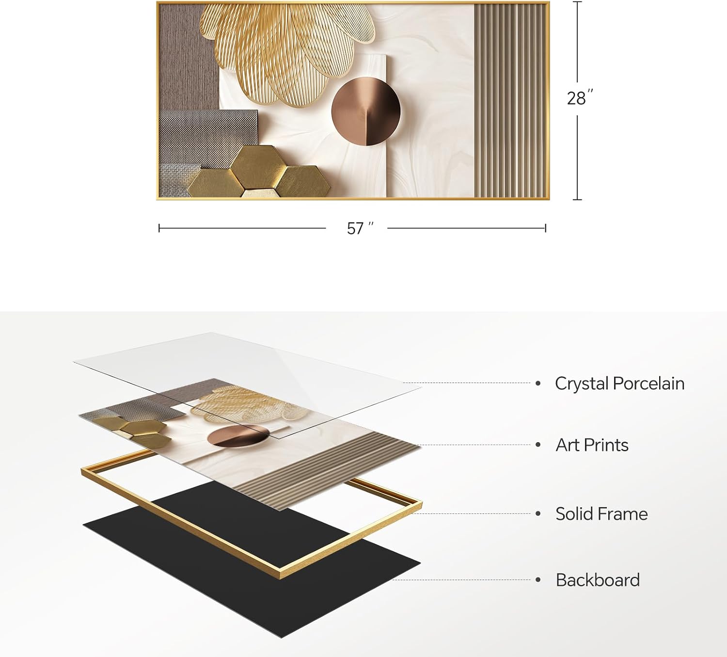 Large Framed Modern Luxury Gold Wall Art for Living Room, Horizontal Bright Style Artwork for Walls, Contemporary Geometric Picture Prints Painting Decor for Bedroom Hallway Dining Room 56x28 Inch