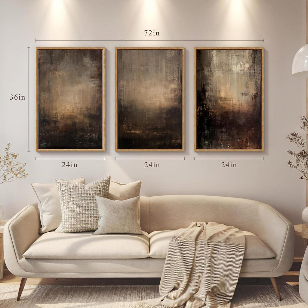 Vaskuro Extra Large Framed Art, Handmade Textured Canvas Paintings, Neutral Abstract Brown Wall Decor for Living Room, 3 Pcs,24x36In, Modern Minimalist Cozy Artwork for Bedroom