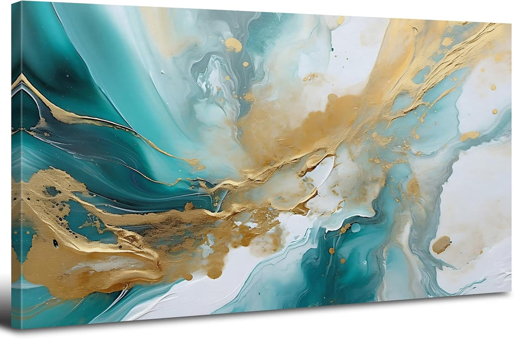 Extra Large Turquoise Wall Art Abstract Teal Wall Decor for Living Room Modern Marble Canvas Picture 30x60', Watercolor Gold Fluid Texture Ink Painting Prints Poster Artwork Bedroom Decorations