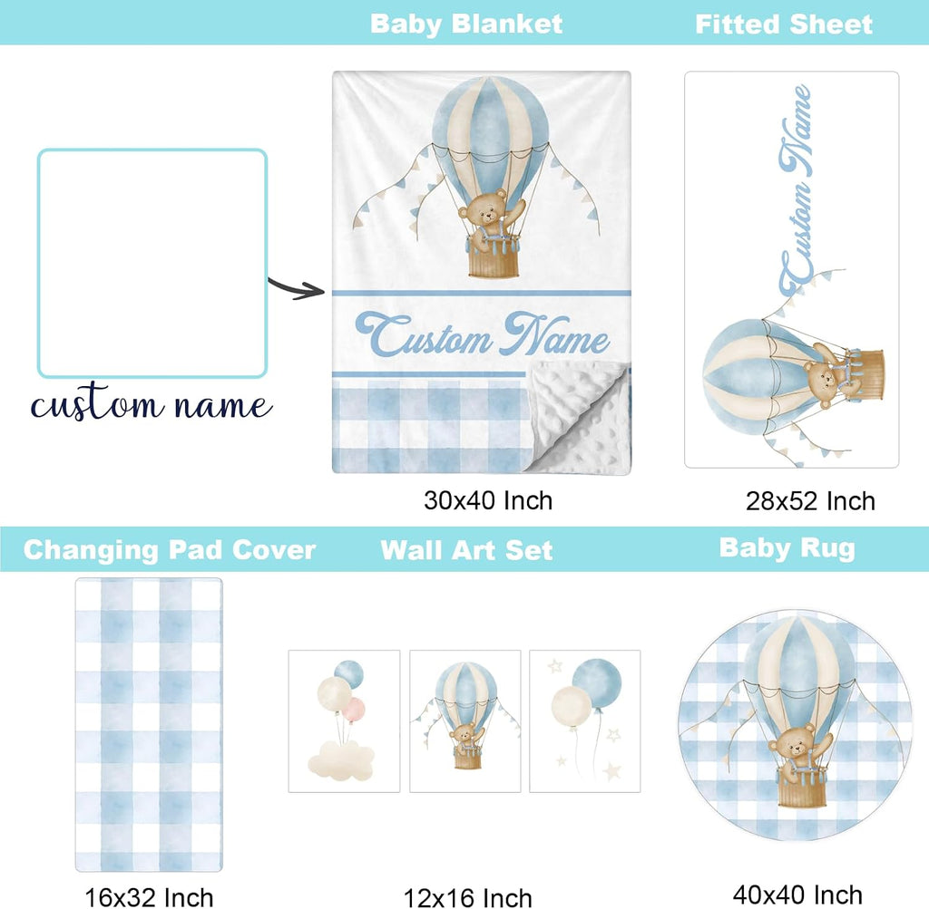 Personalized Baby Crib Bedding Set, Custom Name Nursery Bedding, Hot Air Balloon 5 Pcs Baby Bedding Set for Girl Boy, Double Layer Crib Set, Customized Gifts(Fixed Size)