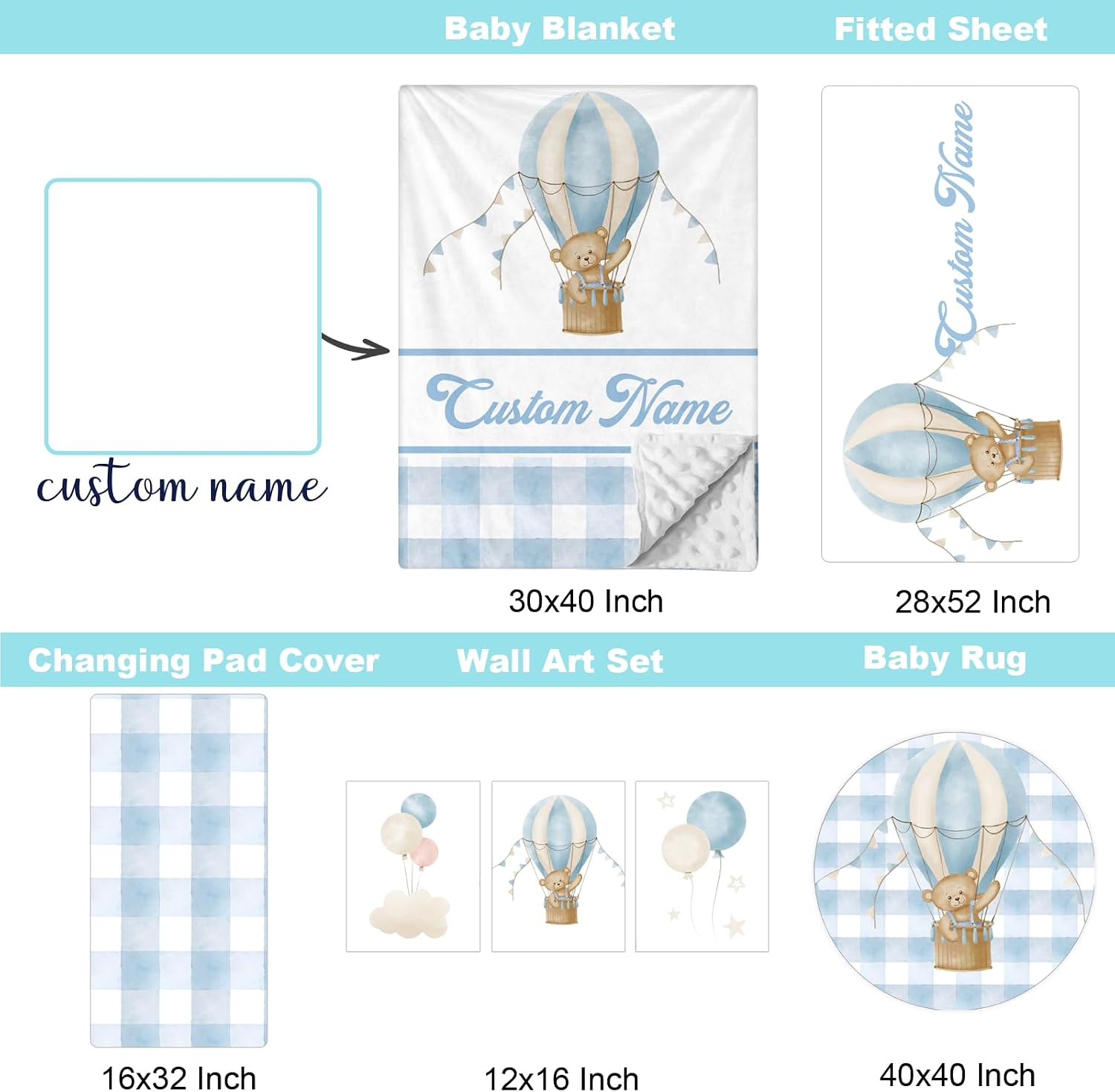 Personalized Baby Crib Bedding Set, Custom Name Nursery Bedding, Hot Air Balloon 5 Pcs Baby Bedding Set for Girl Boy, Double Layer Crib Set, Customized Gifts(Fixed Size)