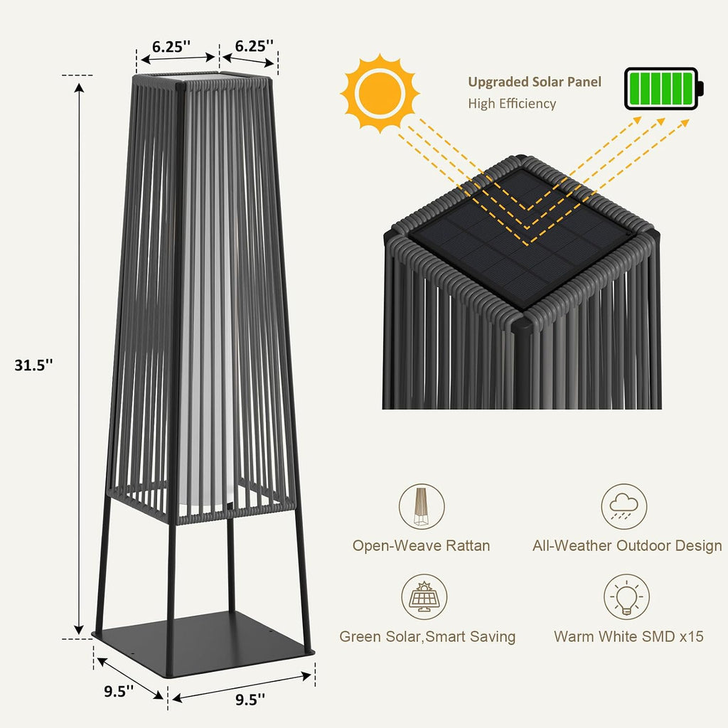 Outdoor Floor Lamp Set of 2, Rattan Solar Lanterns Outdoor Waterproof for Balcony, Deck, Garden & Patio (Gray)