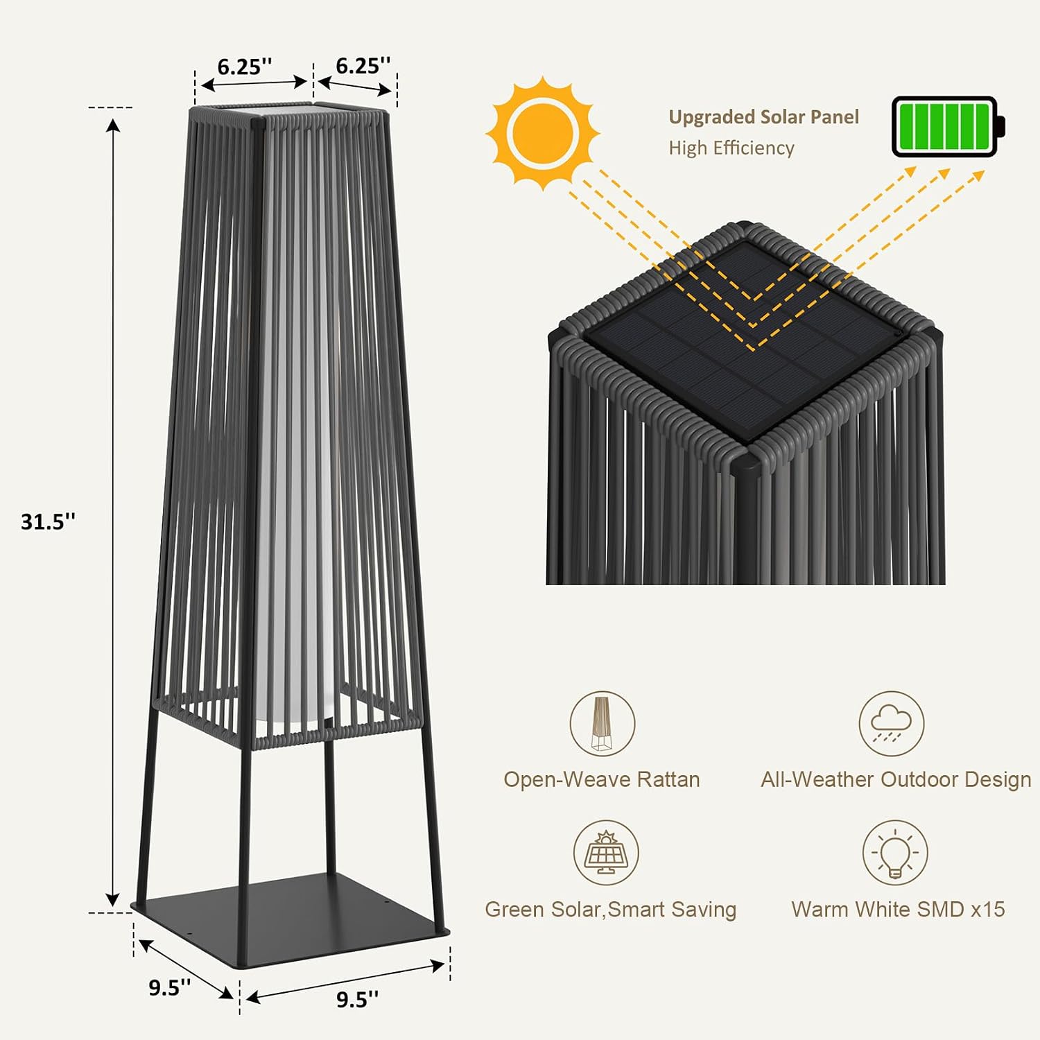 Outdoor Floor Lamp Set of 2, Rattan Solar Lanterns Outdoor Waterproof for Balcony, Deck, Garden & Patio (Gray)