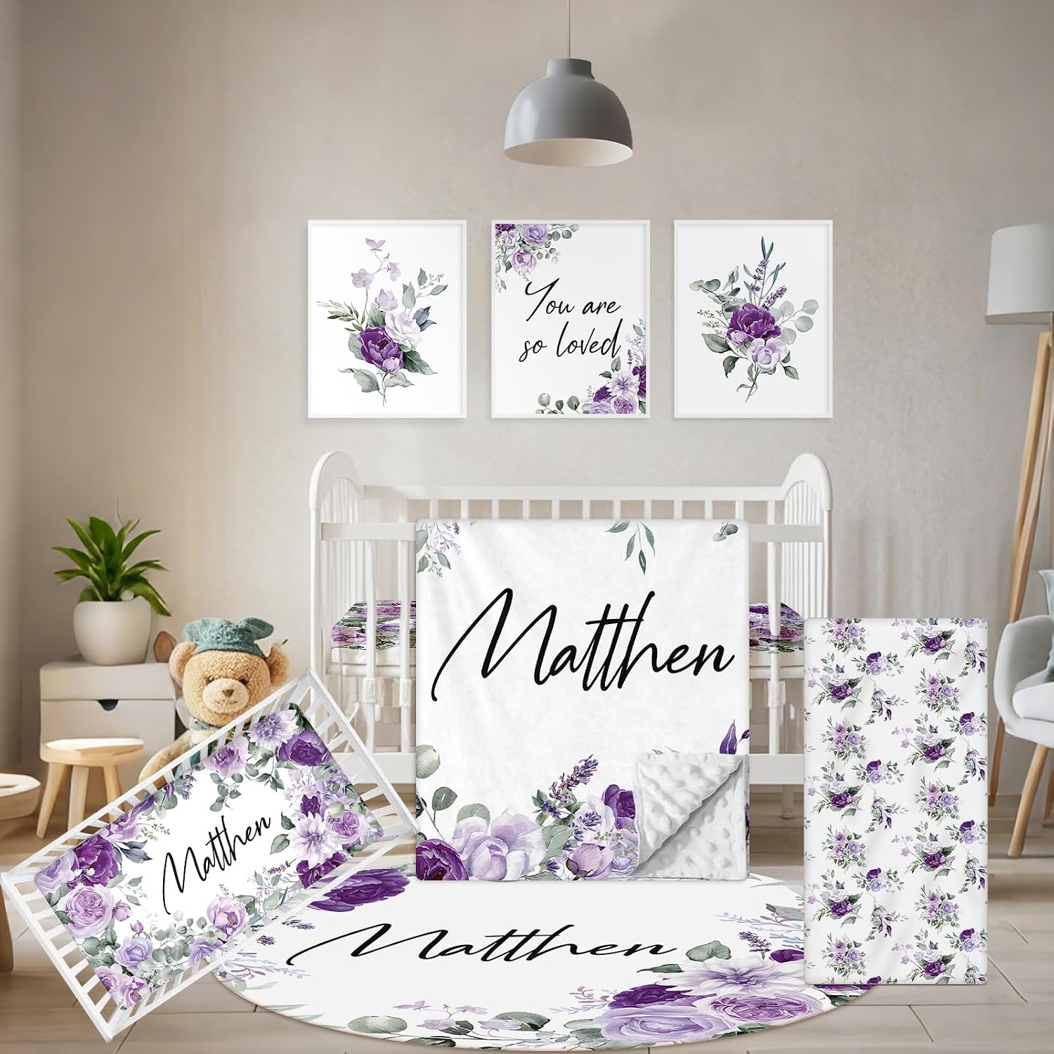 Terwex Personalized Baby Bedding Set - 5 Pcs Custom Toddlers Bedding Set with Infant Name - Soft Double Layer Nursery Crib Set for Girls Boys - Customized Infant Gifts for Baby Shower - Purple Flowers