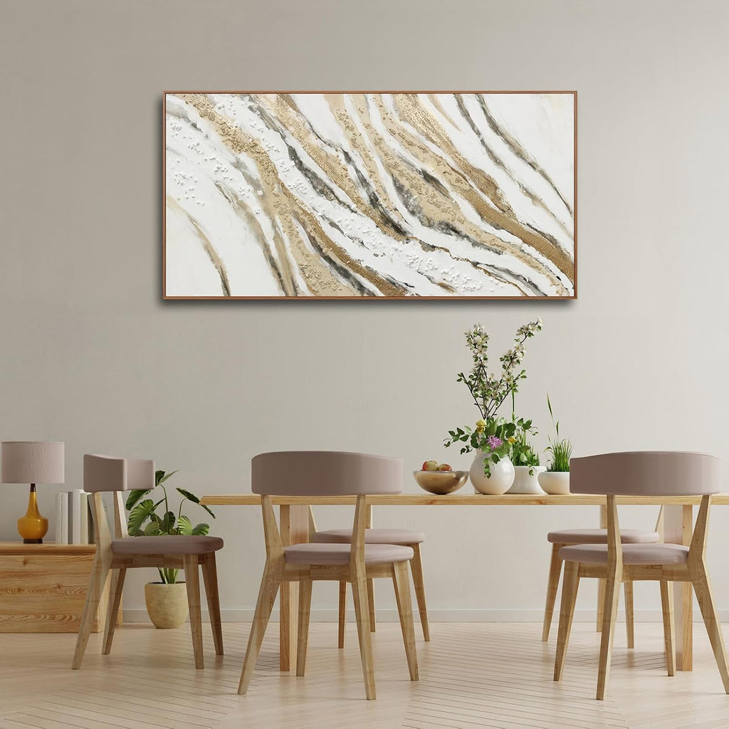 Abstract Wall Art Framed Artwork Abstract Painting With Golden And White Lines Decor Modern Canvas Wall Decor Suitable For Bedroom Apartment Office Dining Room Wall Decor Can Be Hang 24'X48'