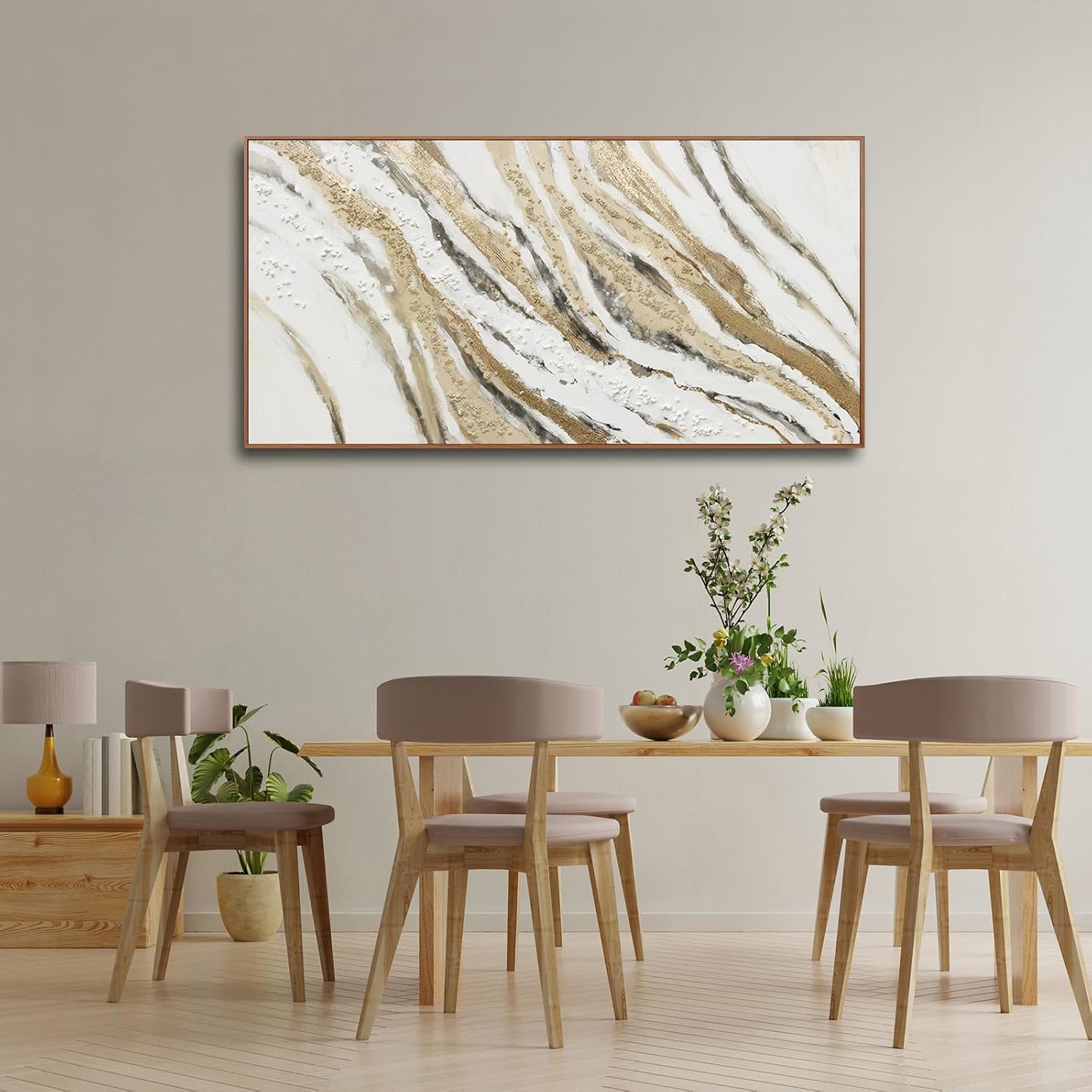 Abstract Wall Art Framed Artwork Abstract Painting With Golden And White Lines Decor Modern Canvas Wall Decor Suitable For Bedroom Apartment Office Dining Room Wall Decor Can Be Hang 24'X48'
