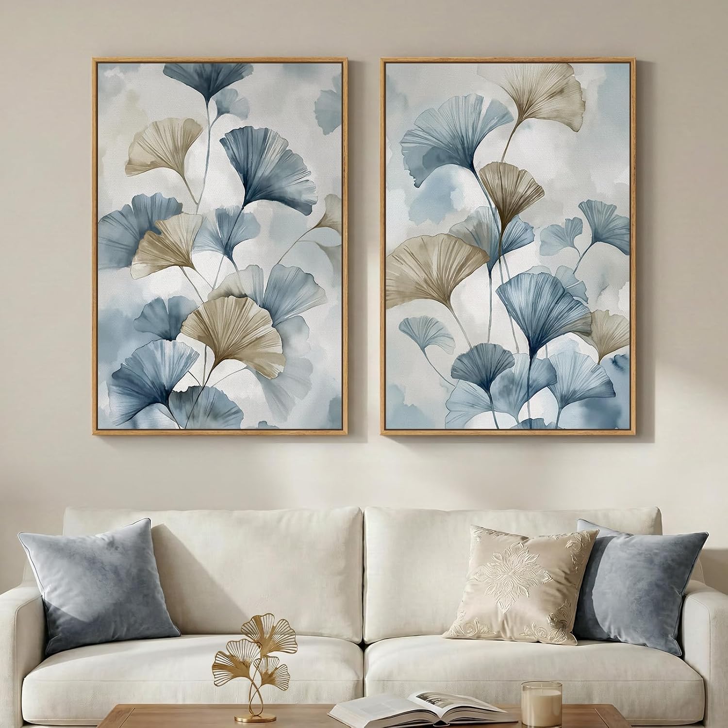 Large Framed Blue Botanical Wall Art Set of 2, Neutral Minimalist Canvas Paintings Prints, Watercolor Pastel Pictures Artwork for Modern Farmhouse Living Room Bedroom Kitchen Wall Decor, 24x36 Inch