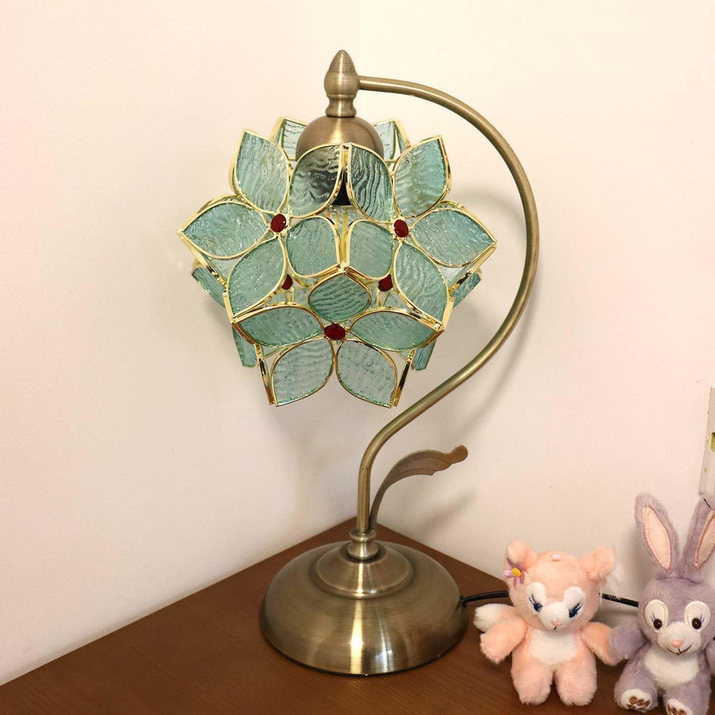 Bieye L10932 Tiffany Style Stained Glass Flower Petal Table Lamp with Brass Base for Home Décor (Light Blue, 8' Apple Blossom)