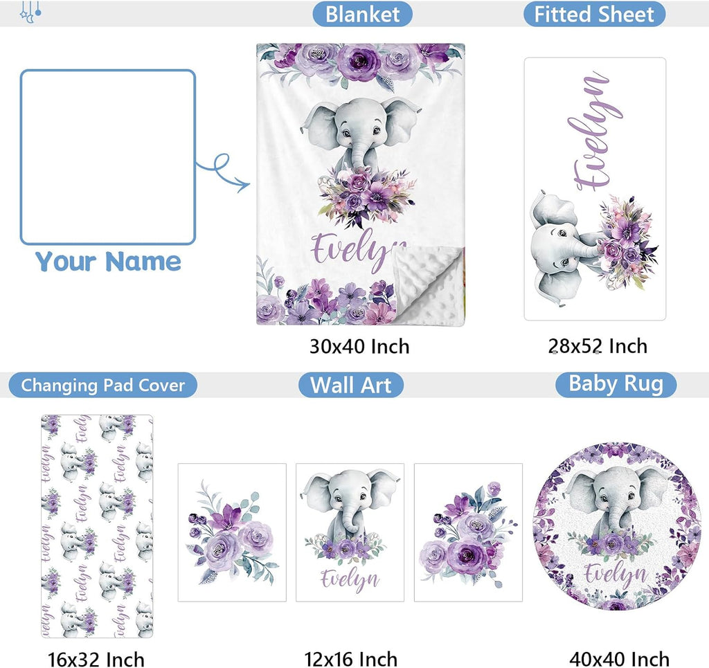 KAINSY Personalized Baby Crib Bedding Set, 5 Pcs Custom Baby Bedding Set with Name, Double Layer Baby Elephant Crib Set for Girls, Soft Flannel Nursery Bedding Set, Toddlers Infants New Parents Gift
